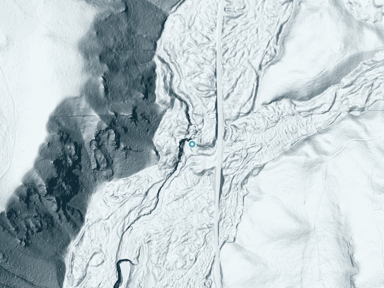 LiDAR bare-earth terrain around Sahalie Falls near Black Butte Ranch, Oregon, showing about 116 feet of drop, a steep tiered drop, facing south