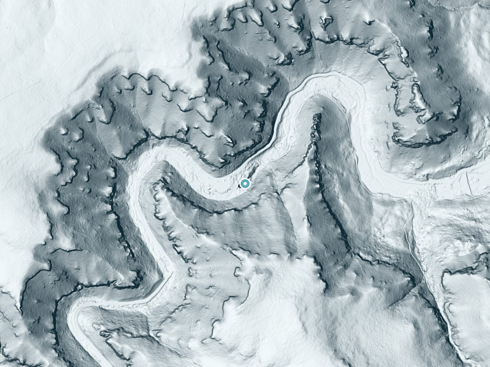 LiDAR bare-earth terrain around Roughlock Falls near Lead, South Dakota, showing about 230 feet of drop, a steep tiered drop, facing north
