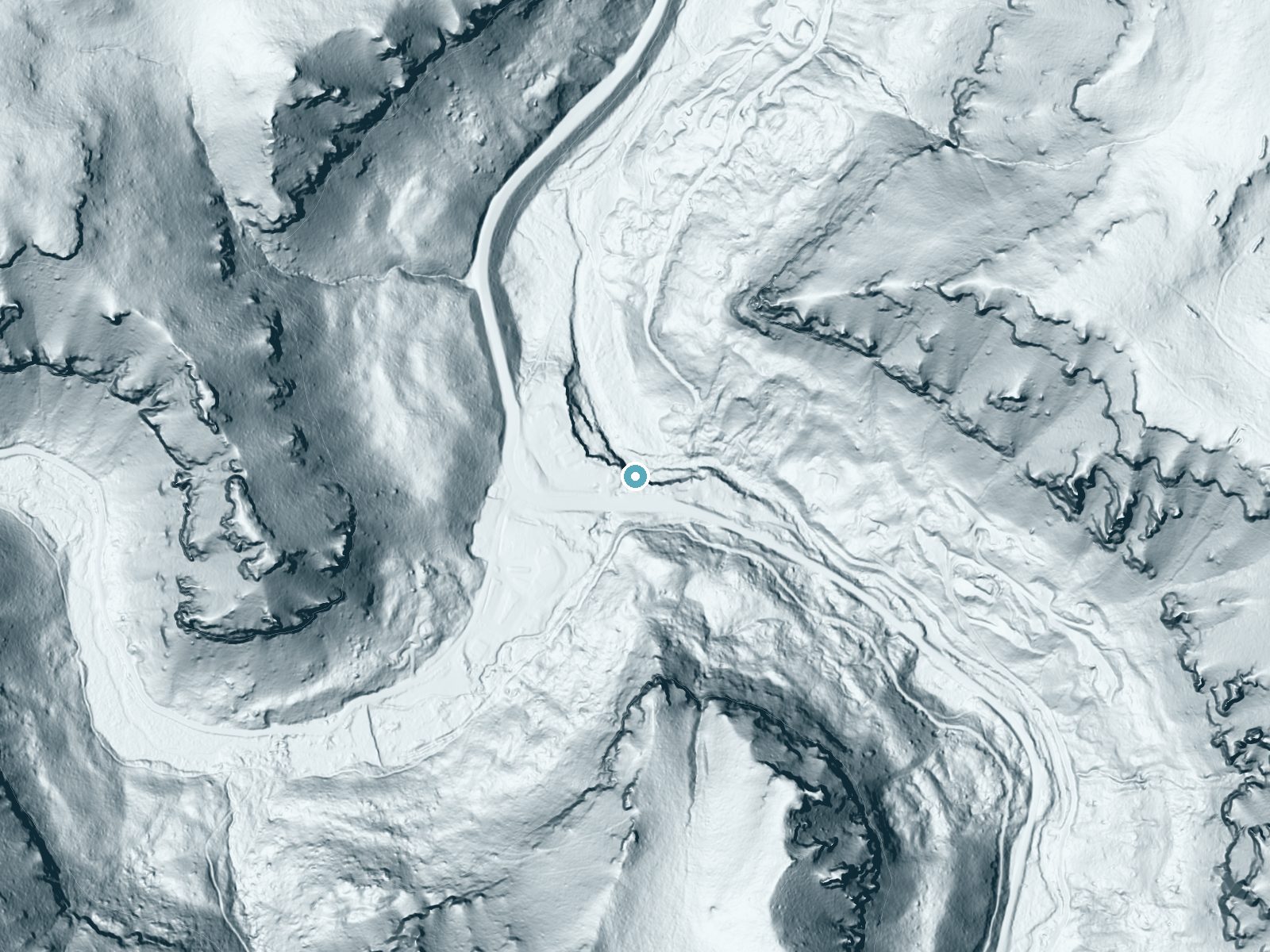 LiDAR bare-earth terrain around Spearfish Falls near Lead, South Dakota, showing about 102 feet of drop, a steep tiered drop, facing north