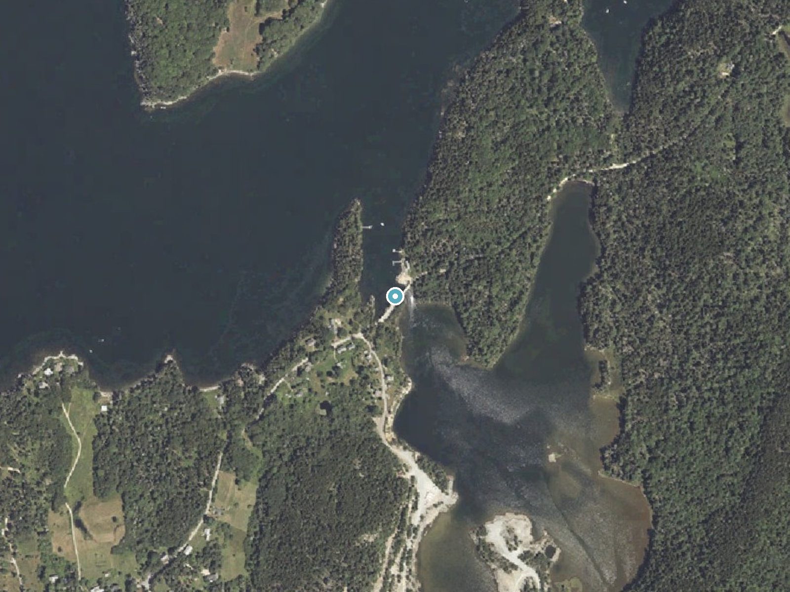 Aerial photo of the same ground around Goose Falls near Belfast, Maine, for comparison with the lidar view