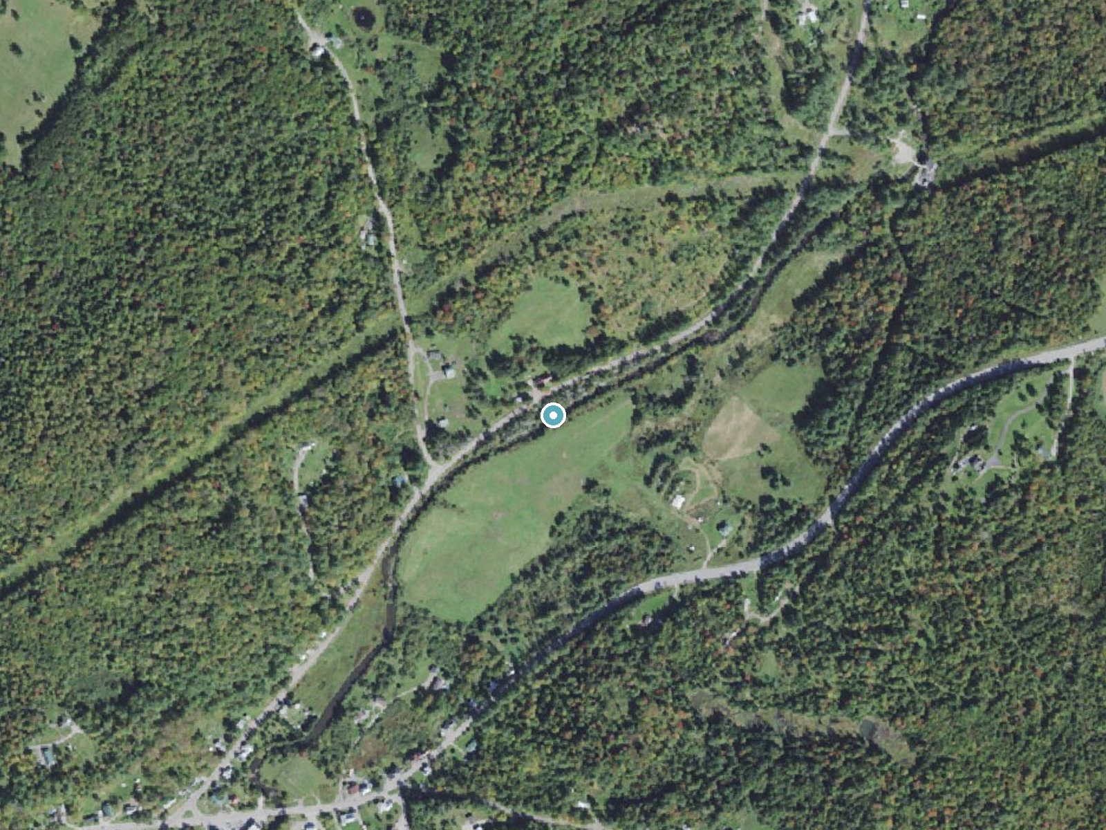 Aerial photo of the same ground around Mollys Falls near Peacham, Vermont, for comparison with the lidar view