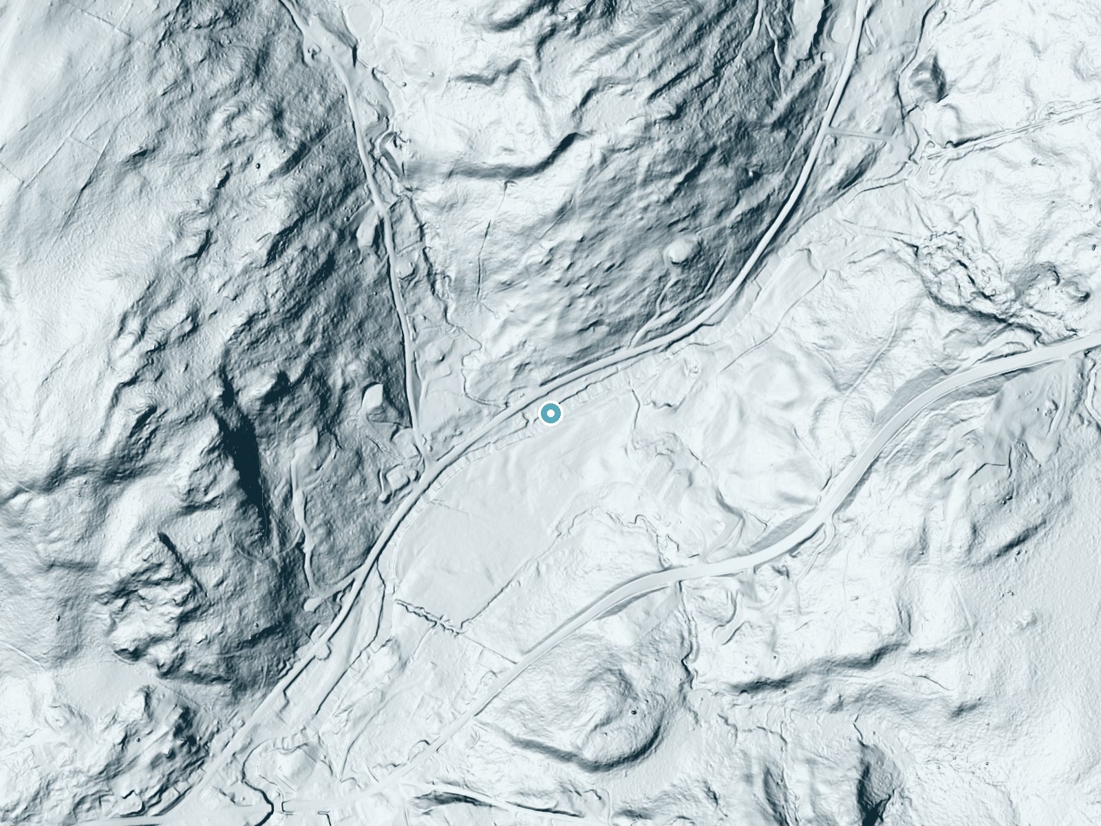 LiDAR bare-earth terrain around Mollys Falls near Peacham, Vermont, showing about 30 feet of drop, a long cascade, facing south