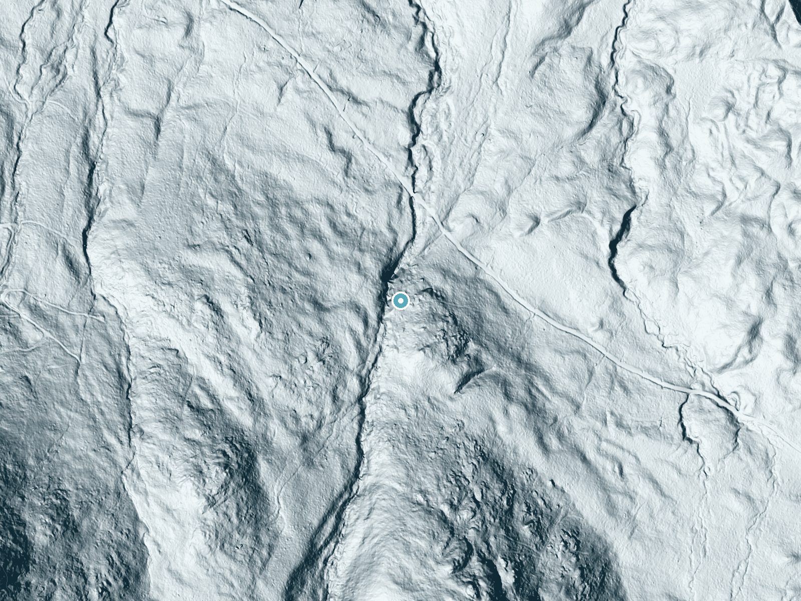 LiDAR bare-earth terrain around Triple Falls near Berlin, New Hampshire, showing about 180 feet of drop, a steep tiered drop, facing north