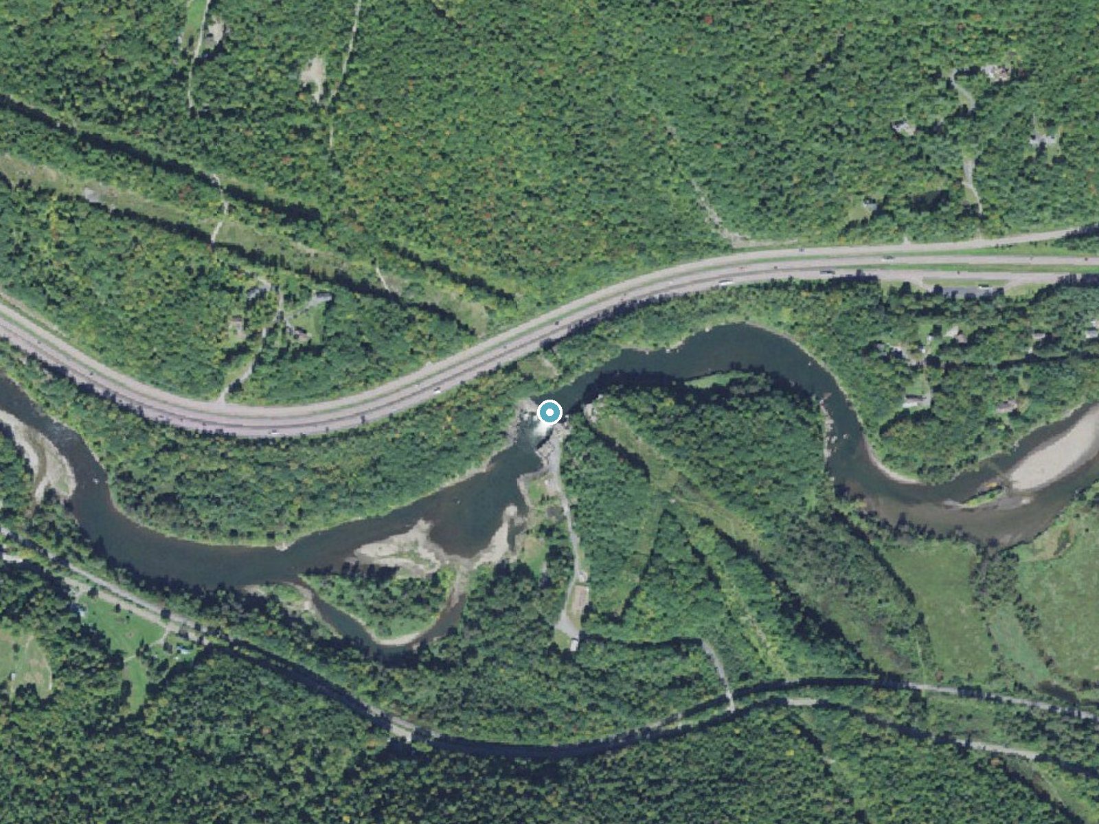 Aerial photo of the same ground around Bolton Falls near Bolton, Vermont, for comparison with the lidar view