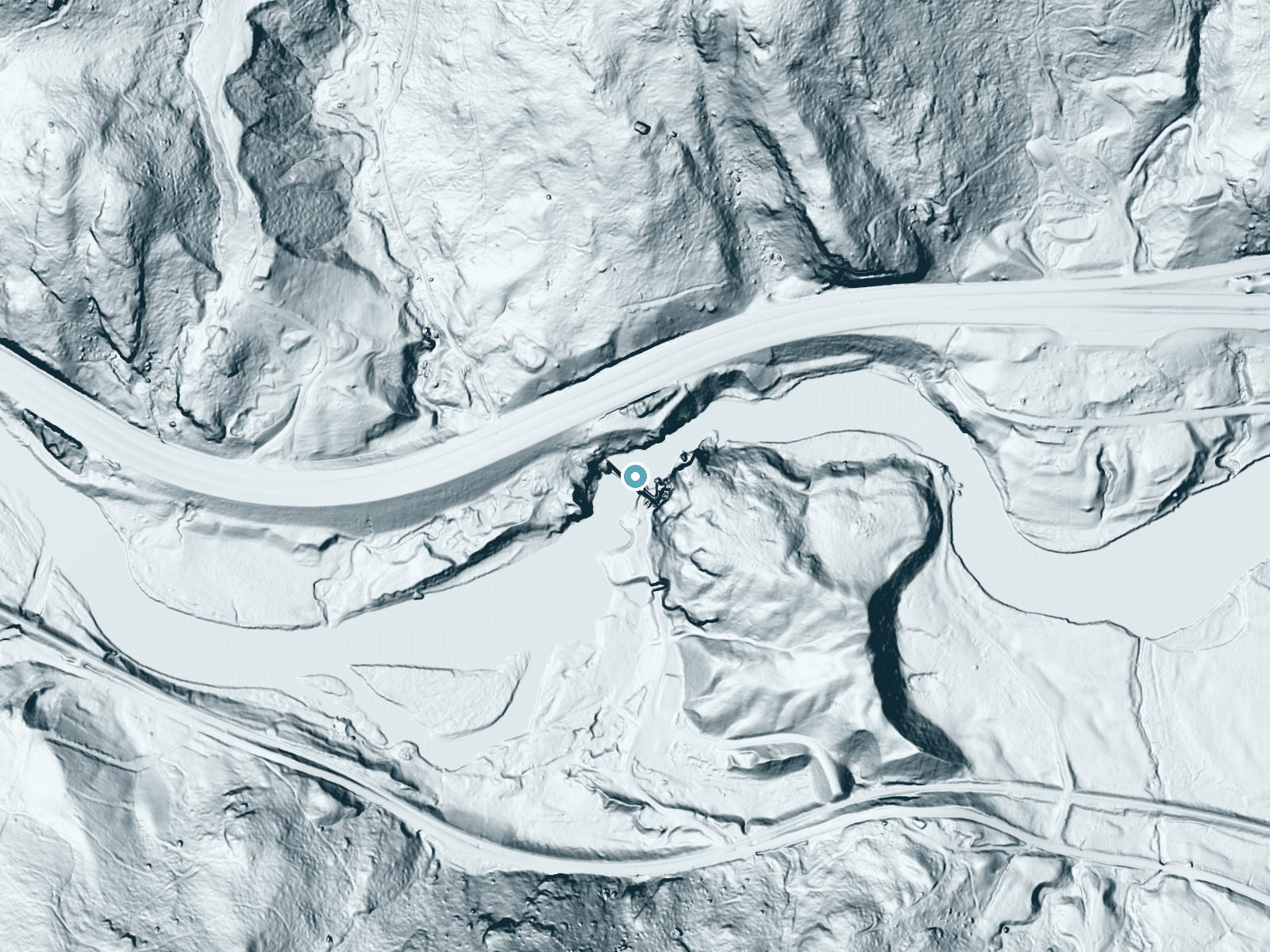 LiDAR bare-earth terrain around Bolton Falls near Bolton, Vermont, showing about 153 feet of drop, a steep tiered drop, facing southwest