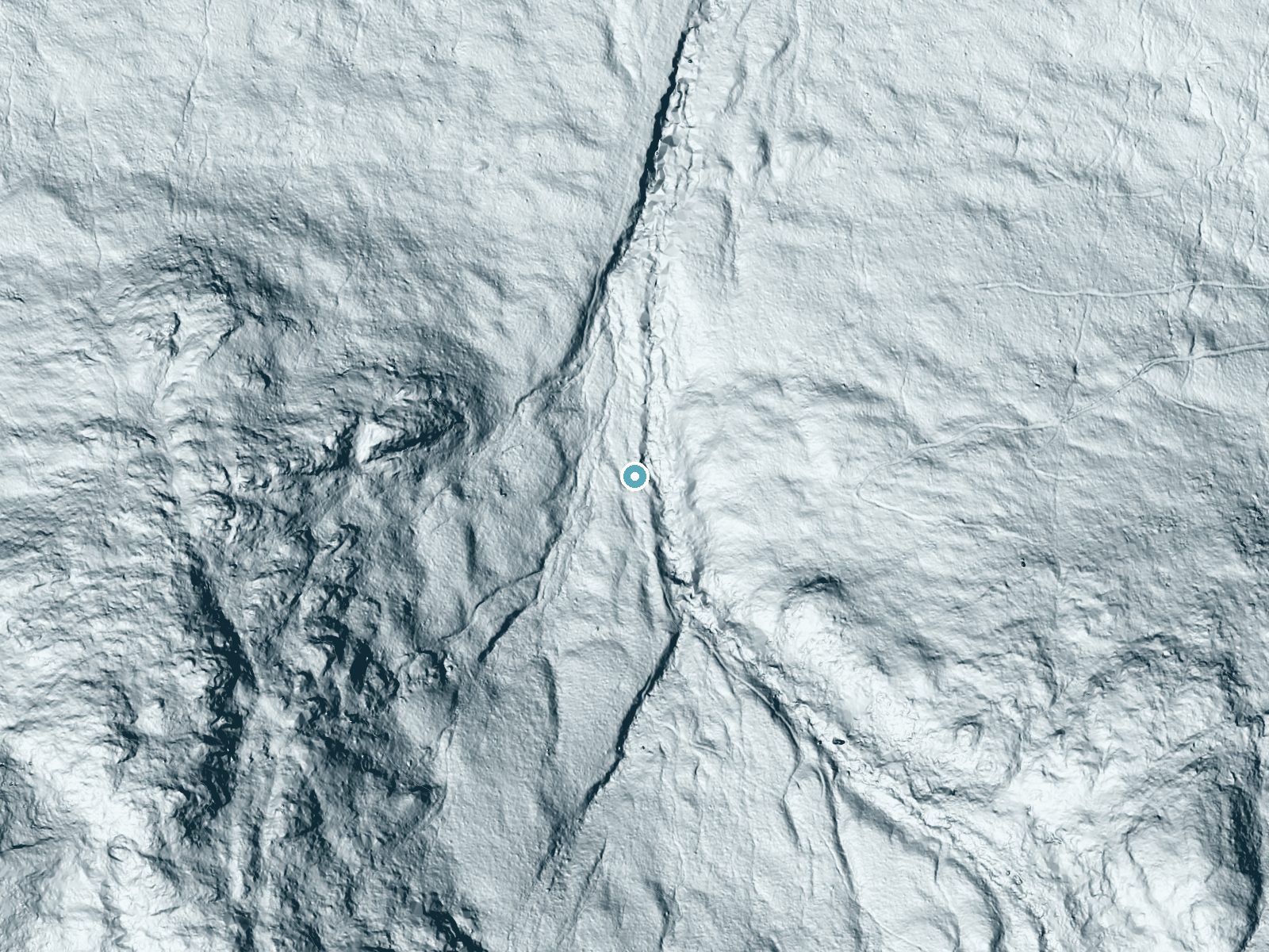 LiDAR bare-earth terrain around Hitchcock Falls near Berlin, New Hampshire, showing about 105 feet of drop, a long cascade, facing north