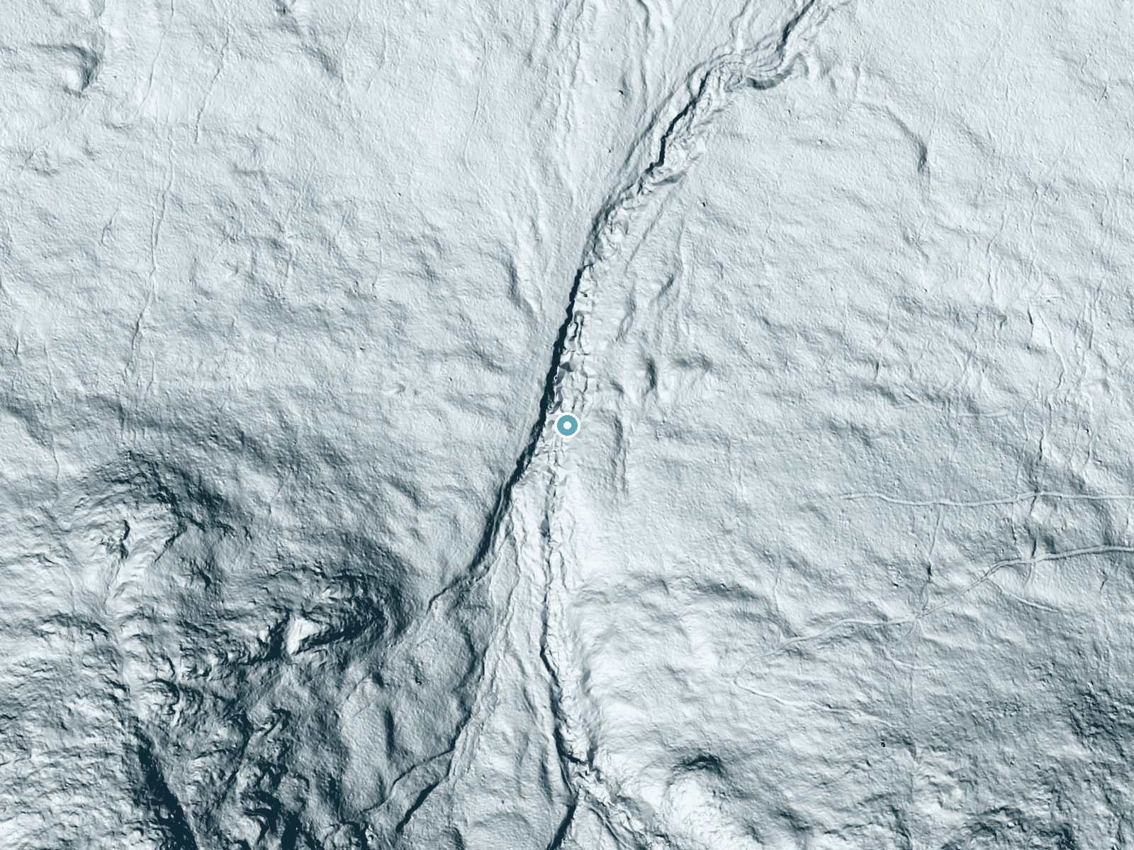 LiDAR bare-earth terrain around Coosauk Fall near Berlin, New Hampshire, showing about 119 feet of drop, a long cascade, facing north