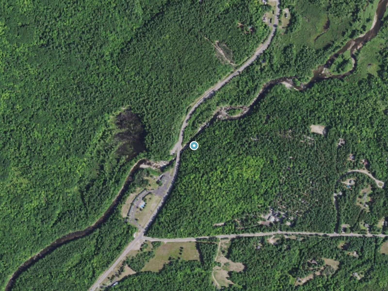 Aerial photo of the same ground around The Flume Fall near Lake Placid, New York, for comparison with the lidar view