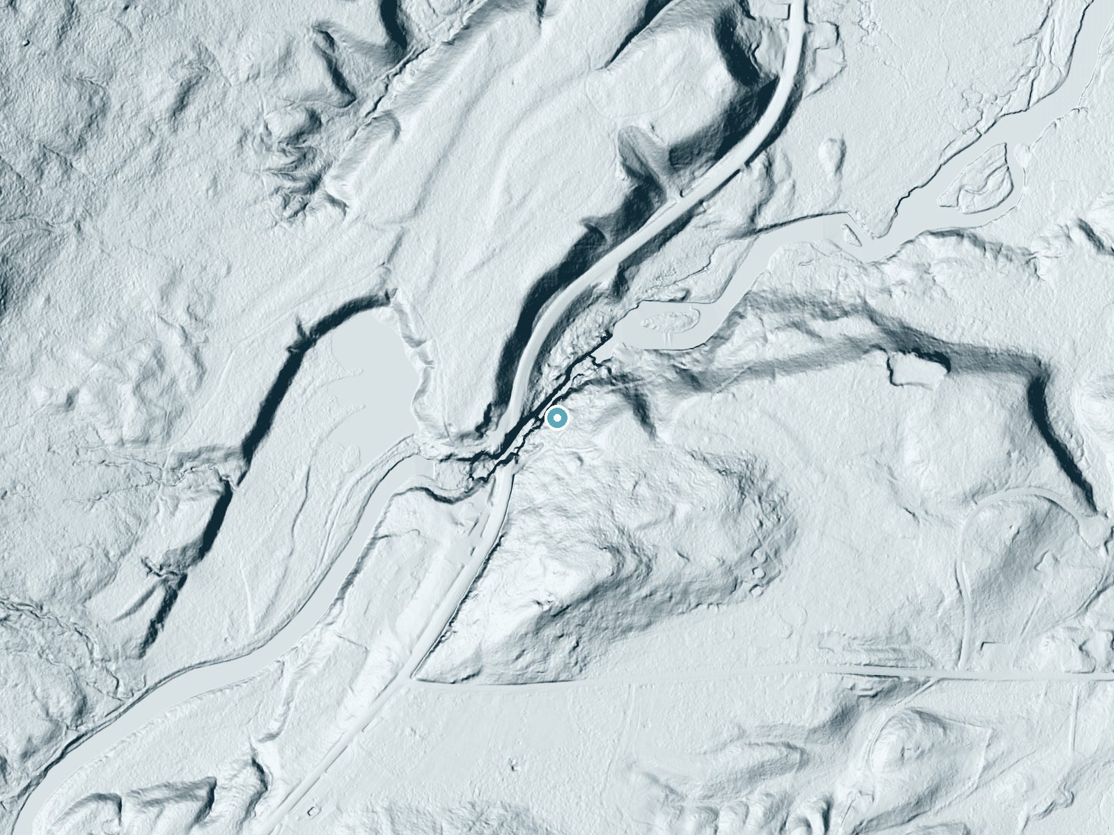 LiDAR bare-earth terrain around The Flume Fall near Lake Placid, New York, showing about 108 feet of drop, a steep tiered drop, facing north