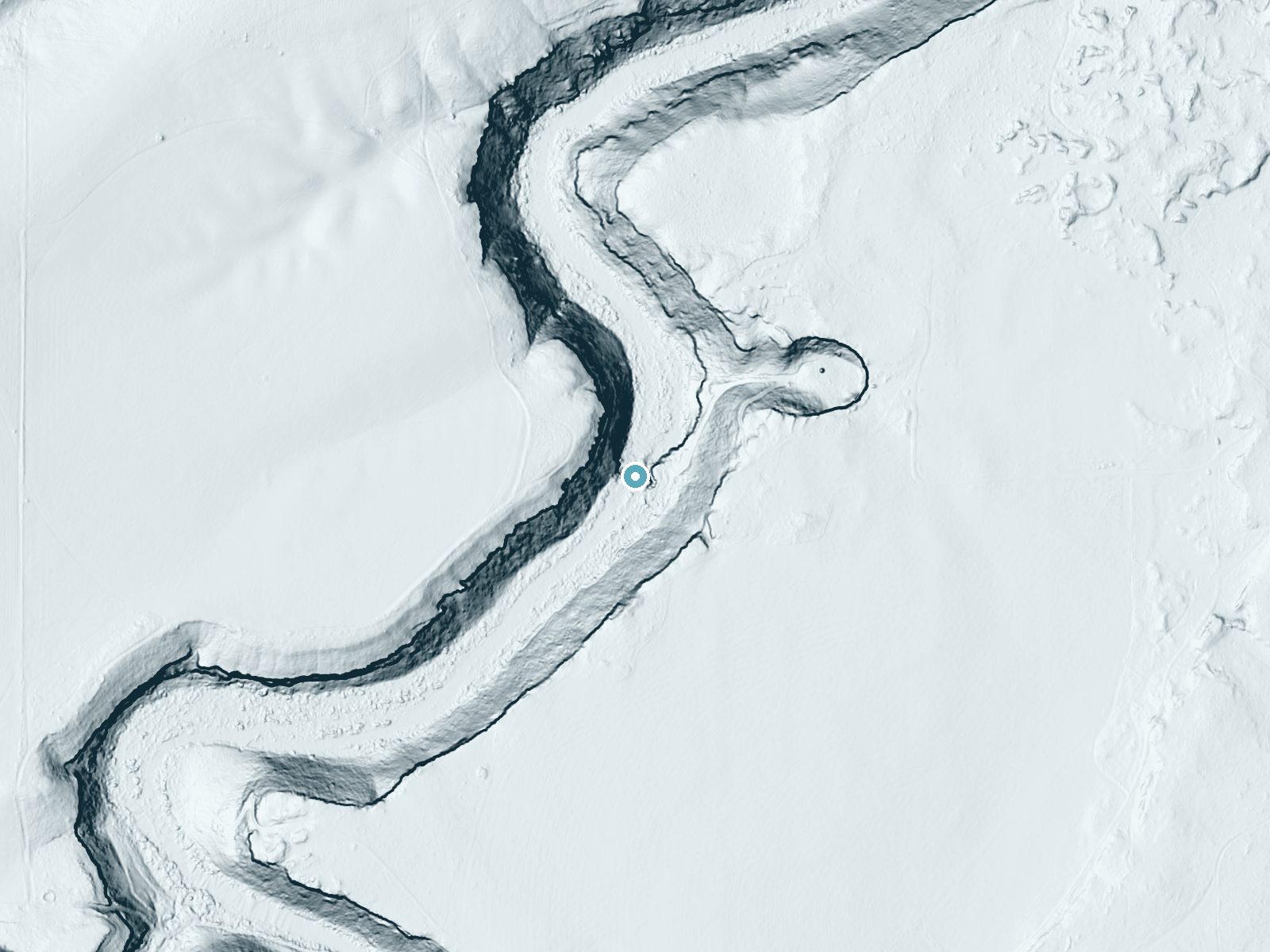 LiDAR bare-earth terrain around Big Falls near Crooked River Ranch, Oregon, showing about 156 feet of drop, a long cascade, facing east