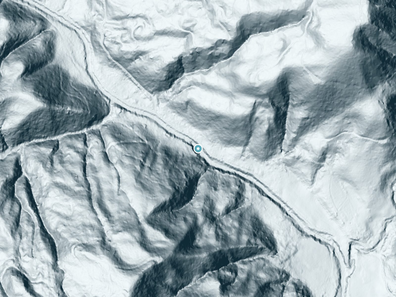 LiDAR bare-earth terrain around Fall Creek Falls near Alsea, Oregon, showing about 128 feet of drop, a steep tiered drop, facing northeast