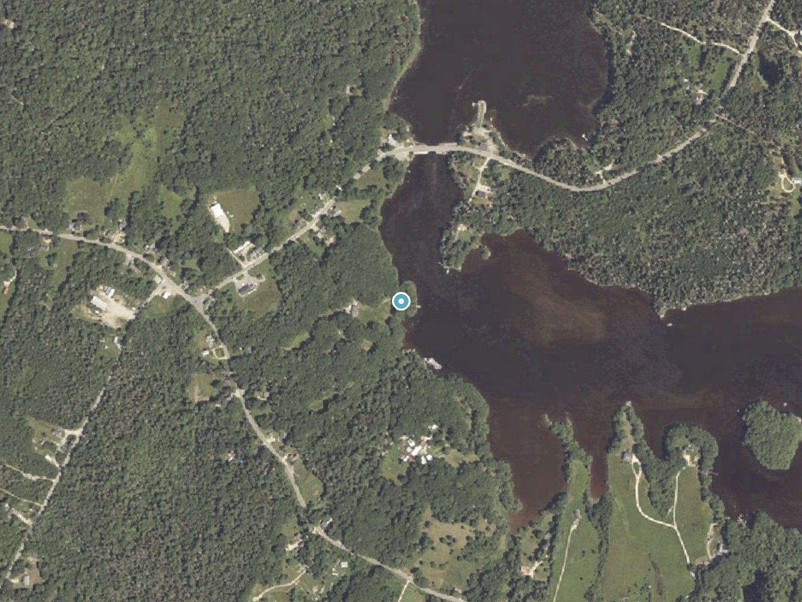 Aerial photo of the same ground around Bagaduce Falls near Belfast, Maine, for comparison with the lidar view