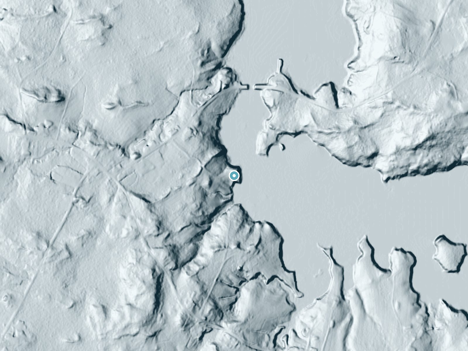 LiDAR bare-earth terrain around Bagaduce Falls near Belfast, Maine, showing about 39 feet of drop, a long cascade, facing east