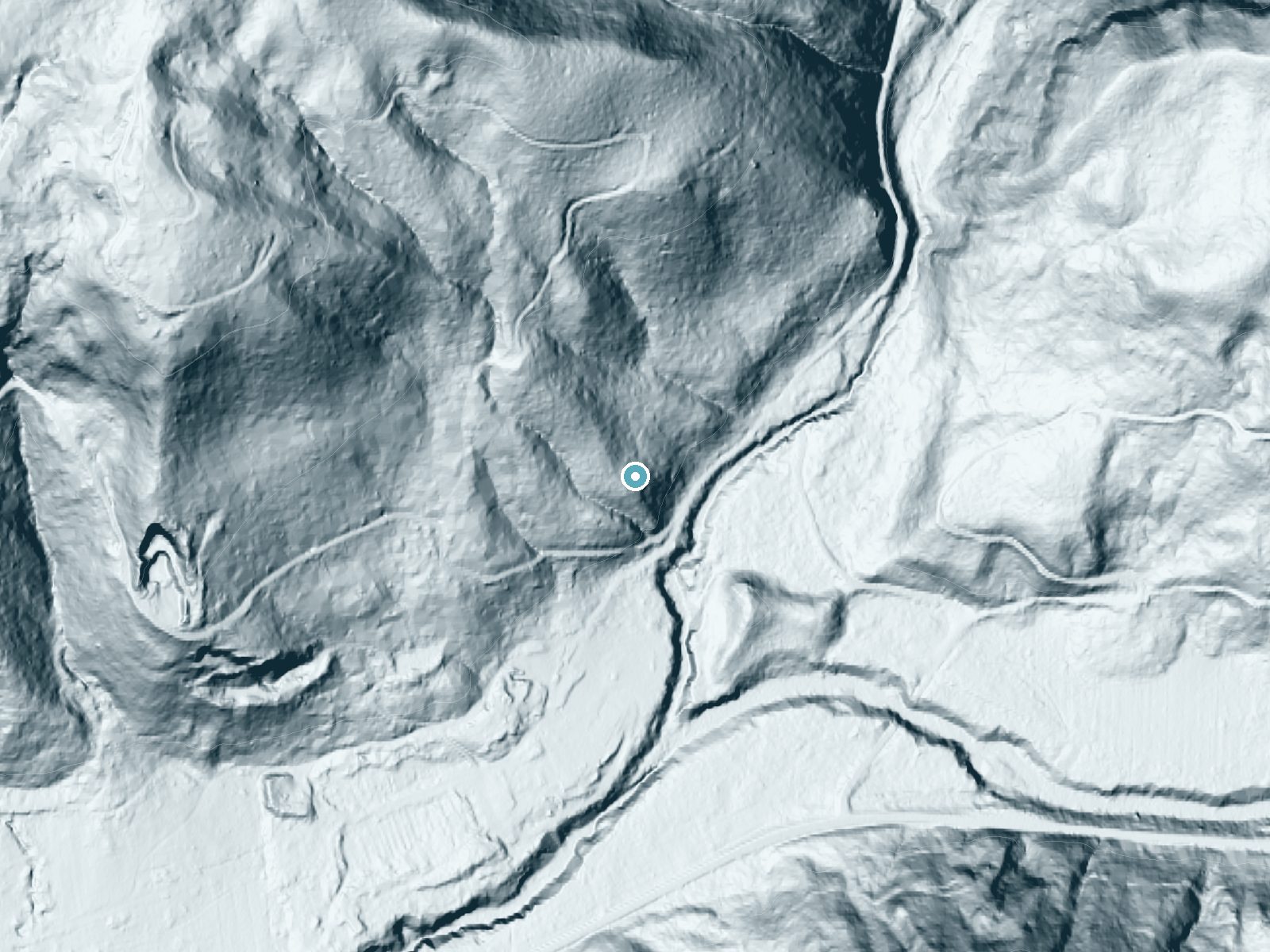 LiDAR bare-earth terrain around Moose Creek Falls near Cascadia, Oregon, showing about 208 feet of drop, a steep tiered drop, facing southeast