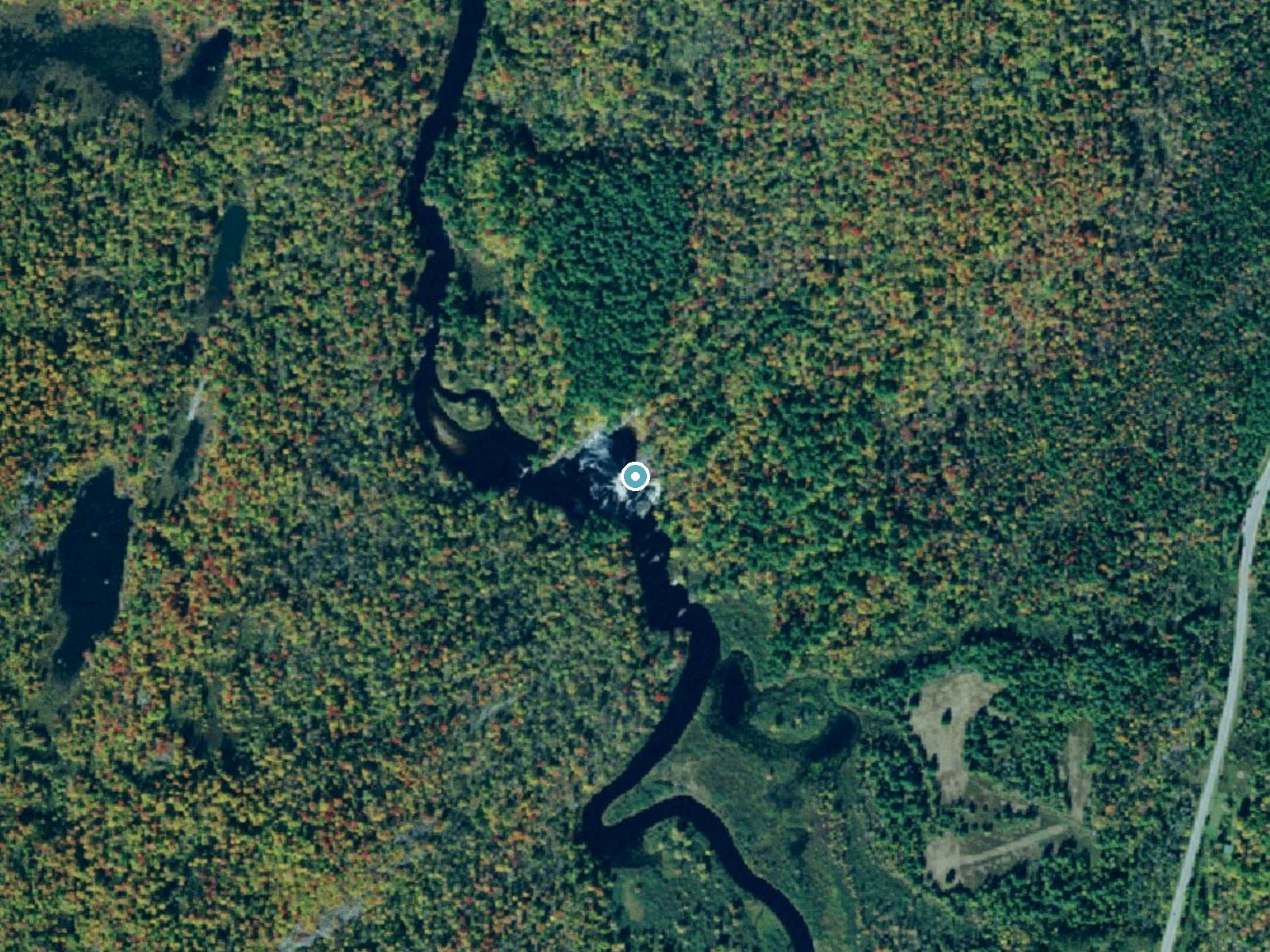 Aerial view of the ground around Lampsons Falls near Star Lake, New York