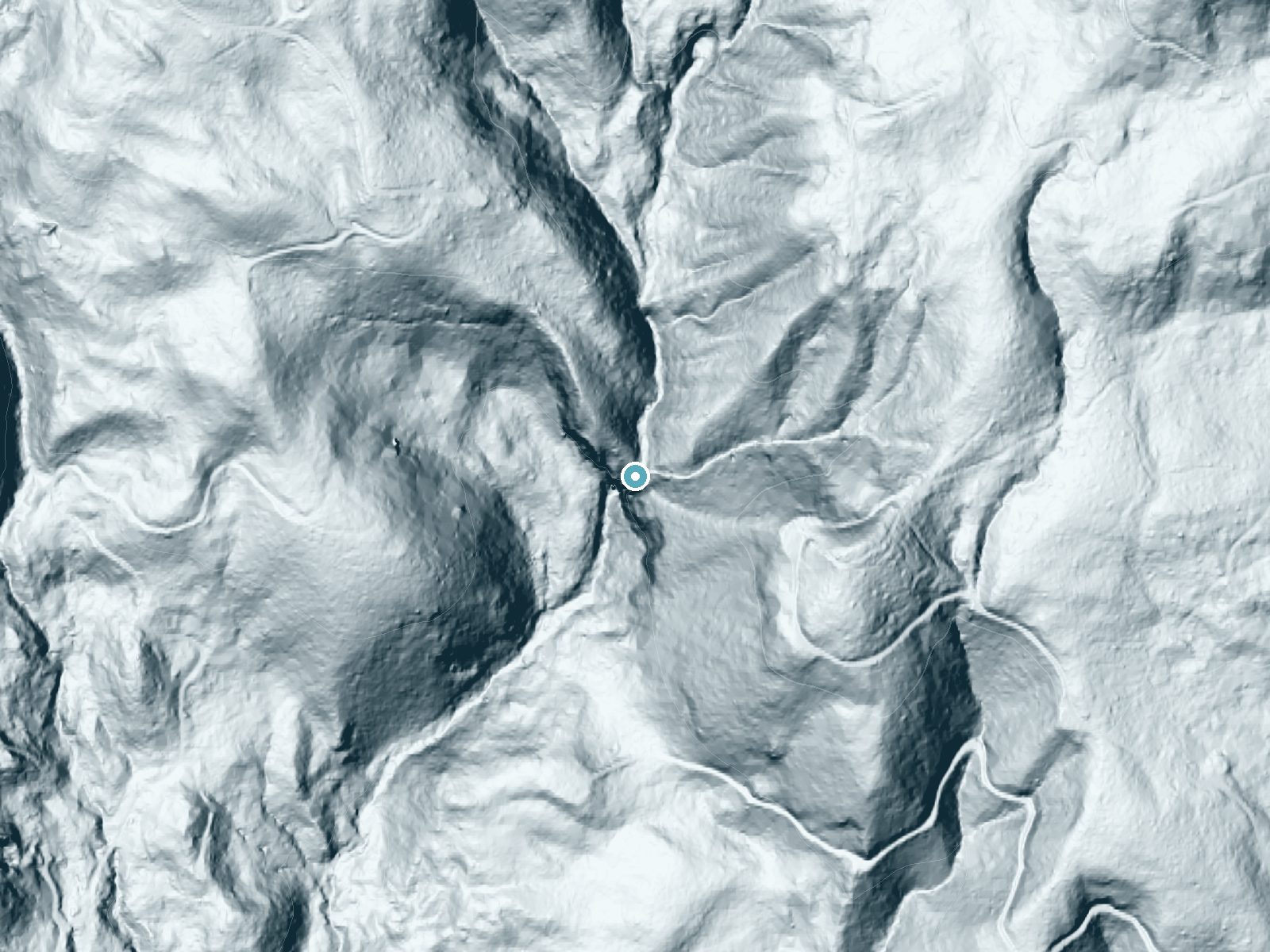 LiDAR bare-earth terrain around Lower Soda Falls near Cascadia, Oregon, showing about 307 feet of drop, a single sheer drop, facing southwest