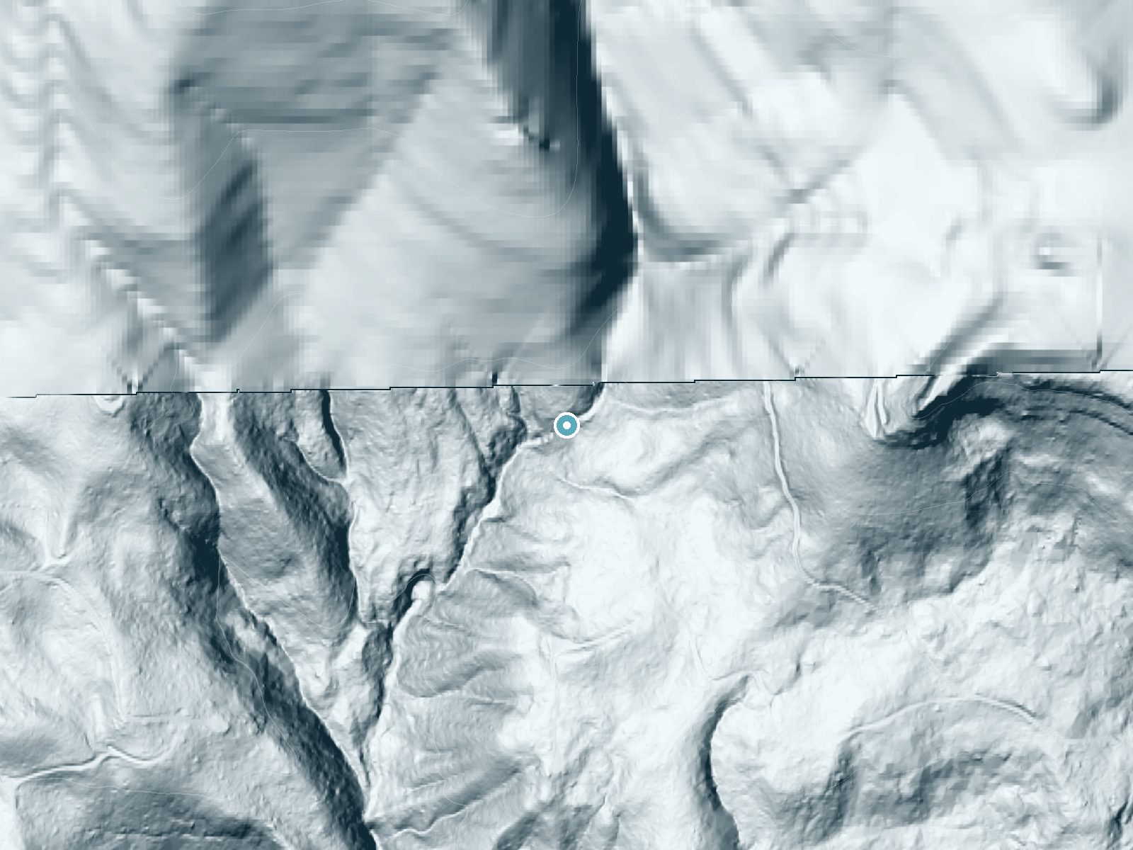 LiDAR bare-earth terrain around Upper Soda Falls near Cascadia, Oregon, showing about 206 feet of drop, a steep tiered drop, facing west