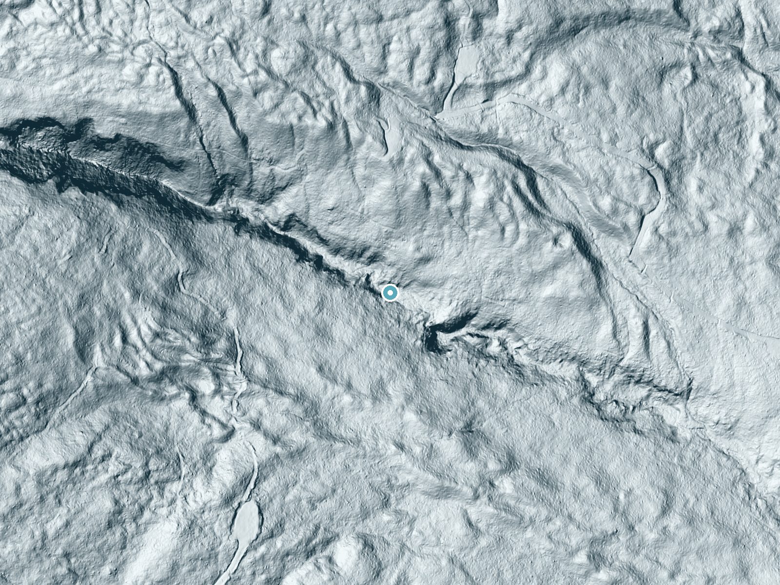 LiDAR bare-earth terrain around Peboamauk Fall near Berlin, New Hampshire, showing about 106 feet of drop, a long cascade, facing southeast