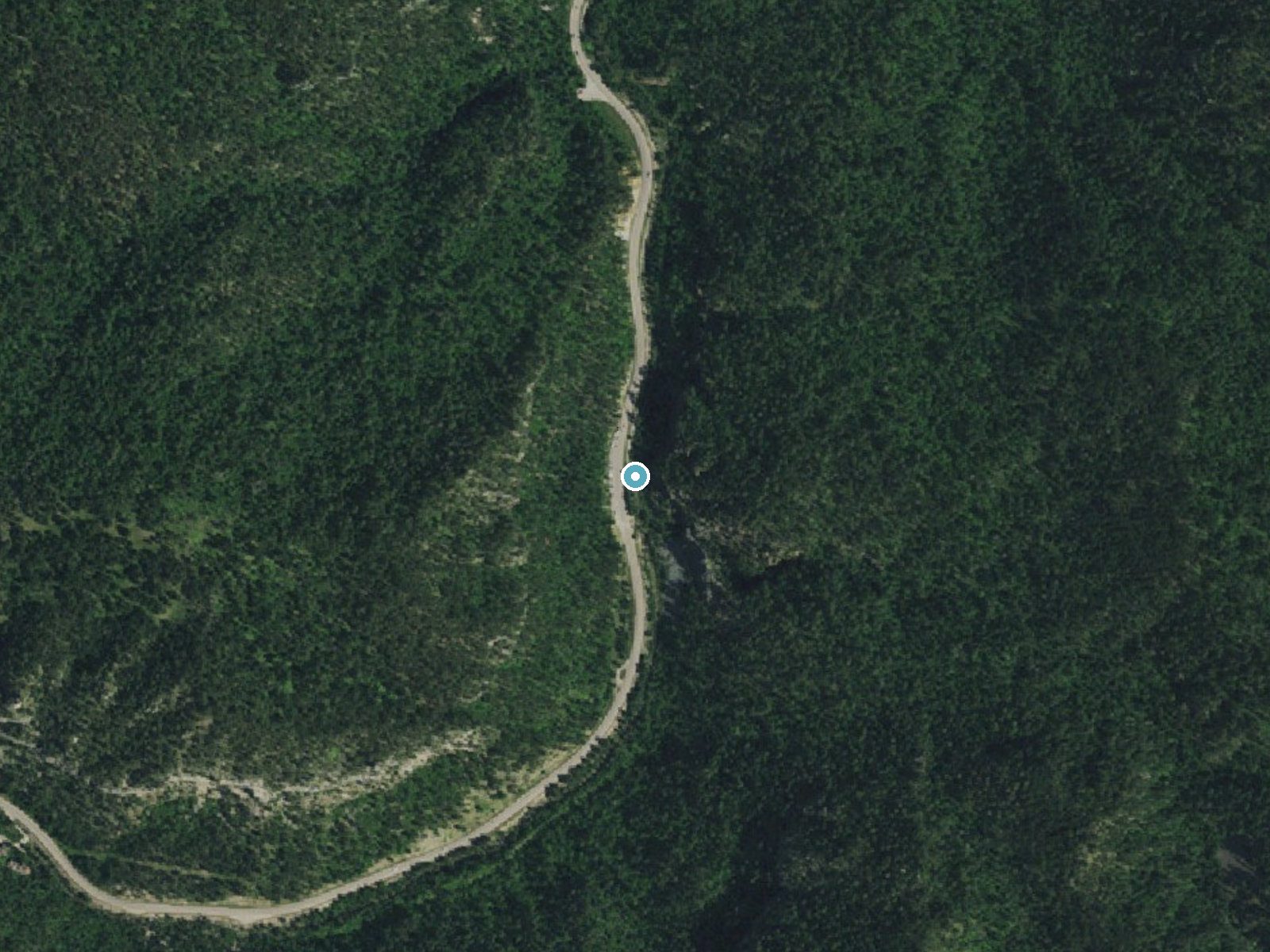 Aerial photo of the same ground around Bridal Veil Falls near Mountain Plains, South Dakota, for comparison with the lidar view