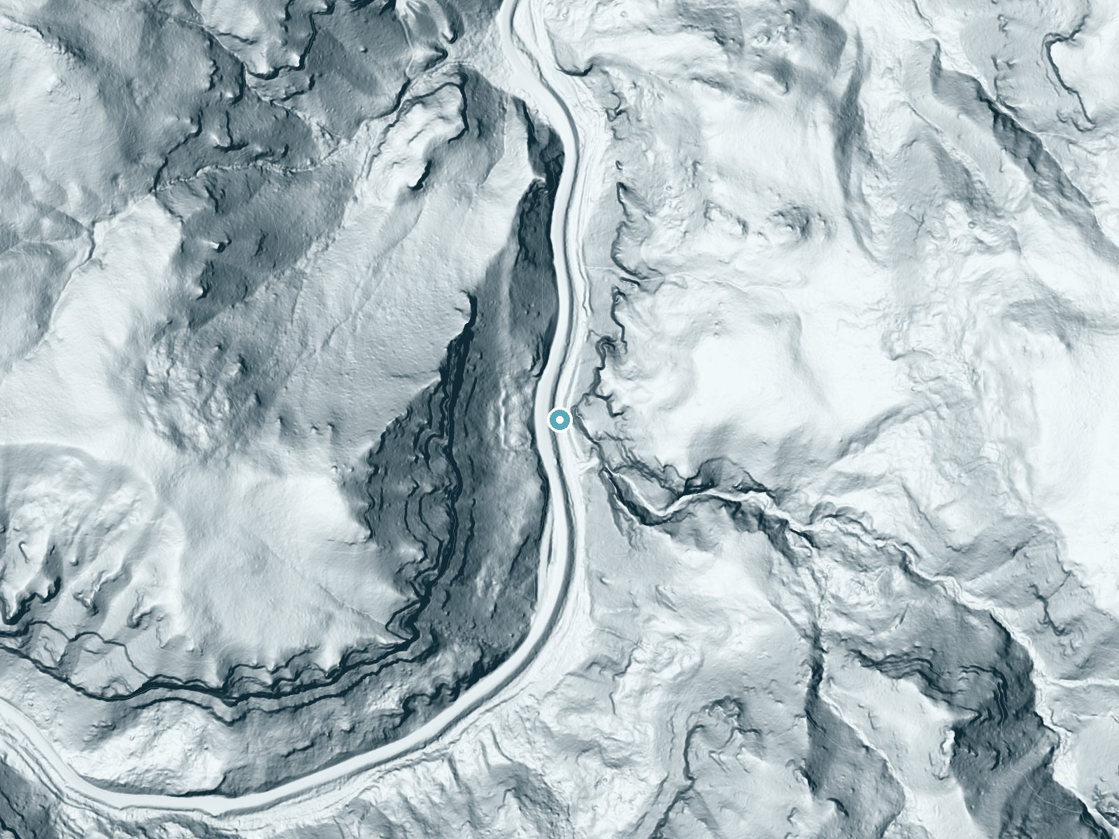 LiDAR bare-earth terrain around Bridal Veil Falls near Mountain Plains, South Dakota, showing about 222 feet of drop, a single sheer drop, facing west