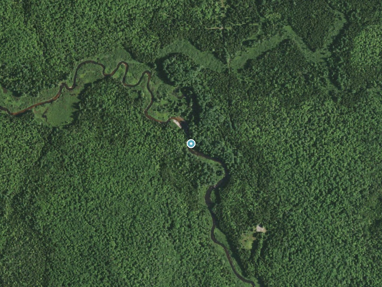 Aerial photo of the same ground around Augerhole Falls near Paul Smiths, New York, for comparison with the lidar view
