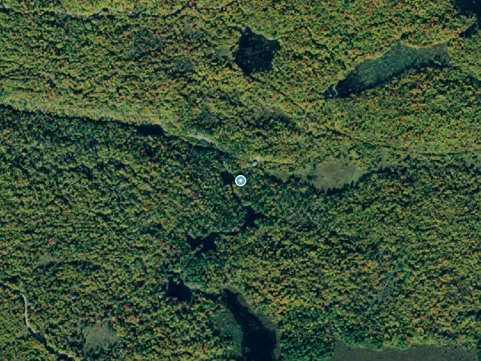 Aerial view of the ground around Pelkys Falls near Hannawa Falls, New York