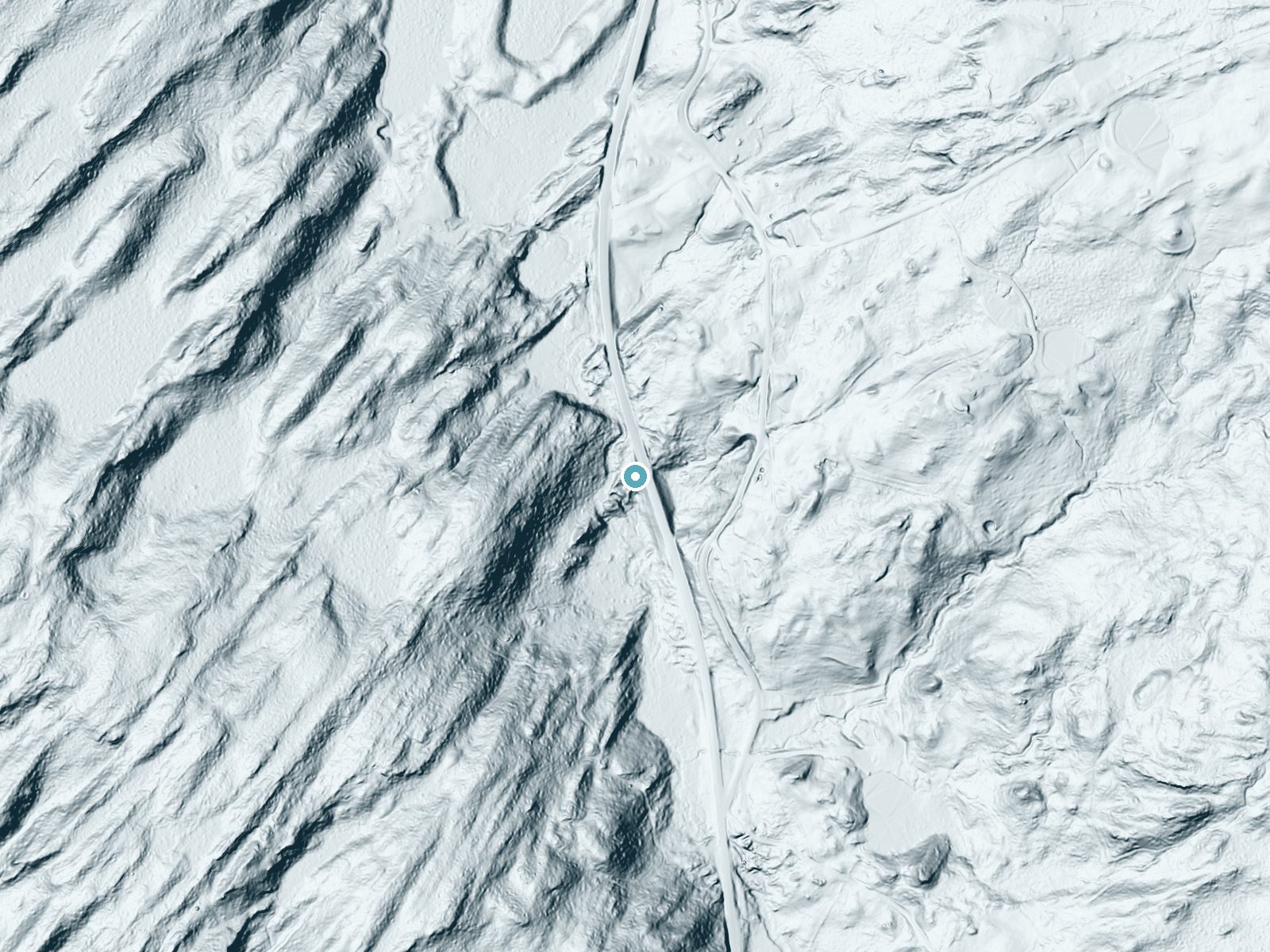 LiDAR bare-earth terrain around Blake Falls near Wolcott, Vermont, showing about 83 feet of drop, a long cascade, facing south
