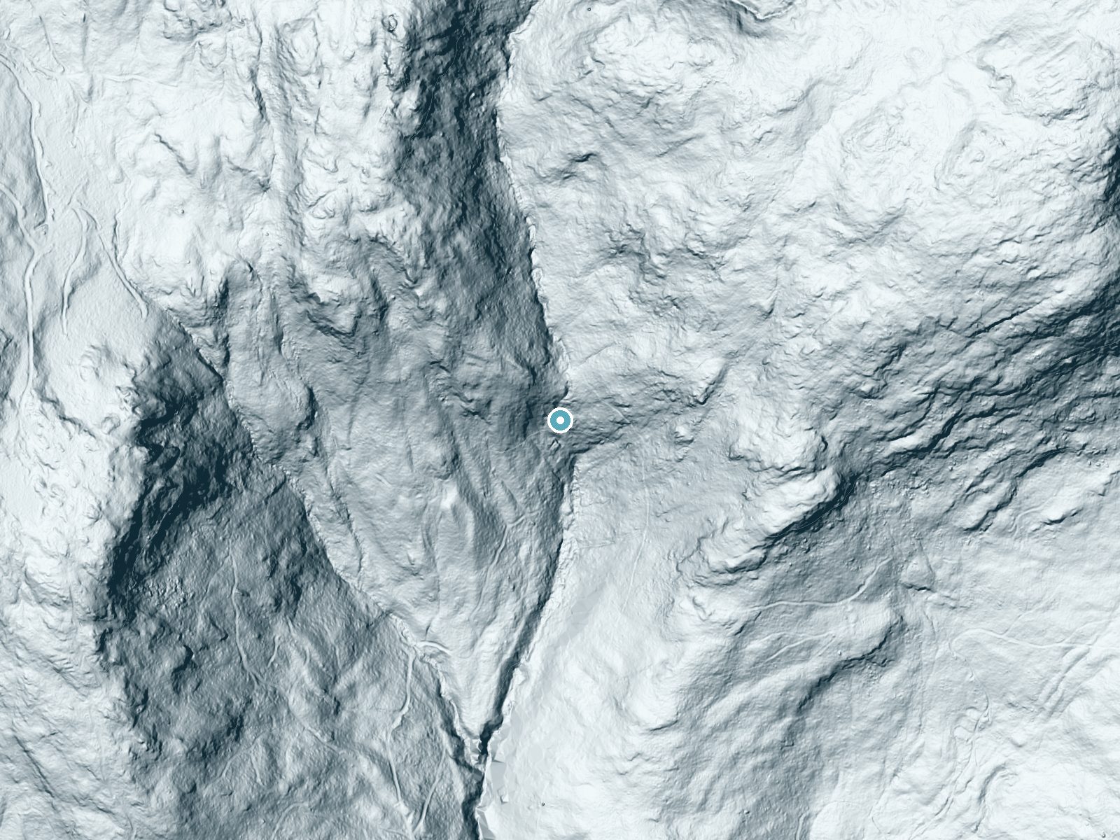 LiDAR bare-earth terrain around Giant Falls near Berlin, New Hampshire, showing about 349 feet of drop, a steep tiered drop, facing south