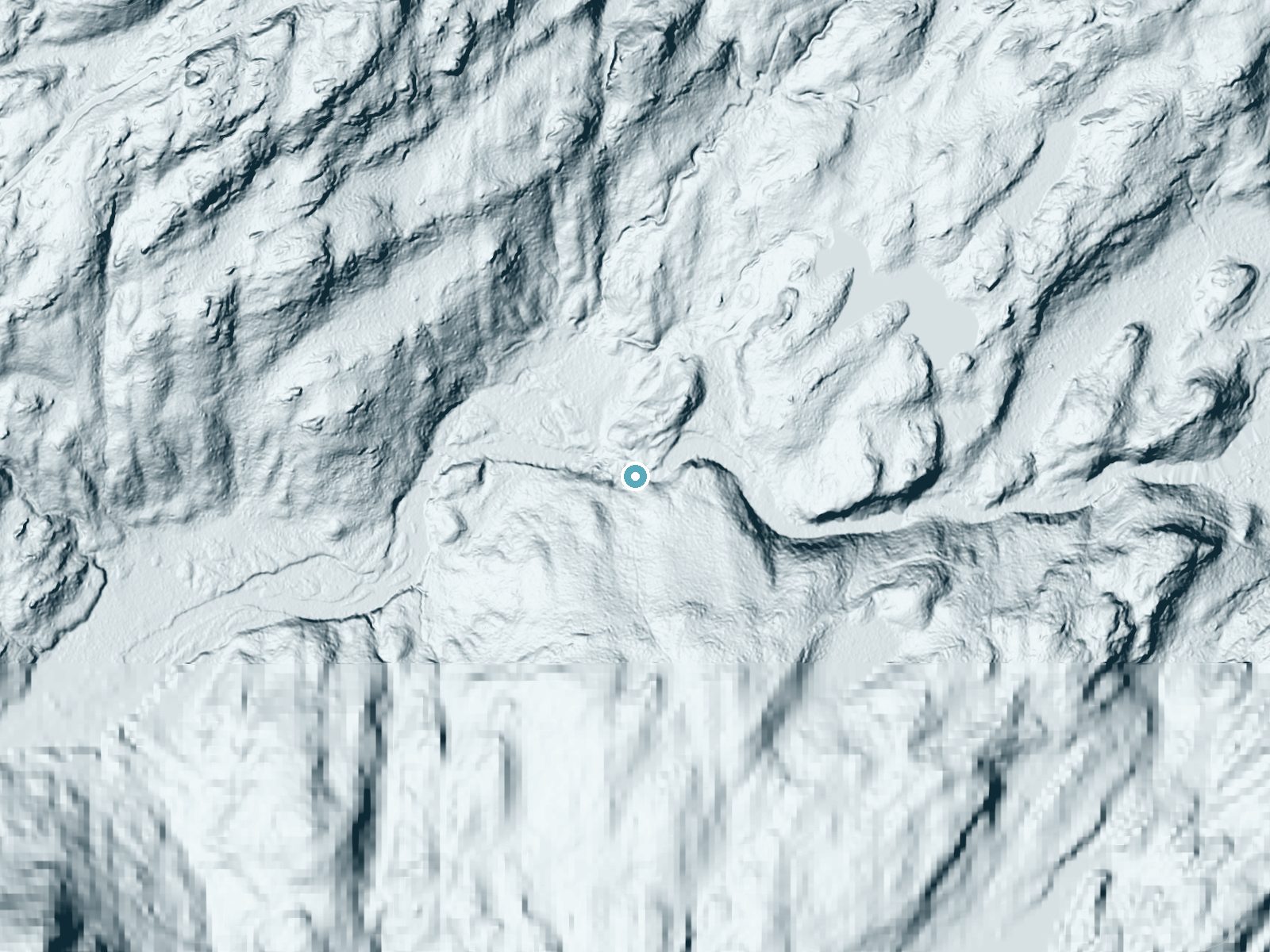 LiDAR bare-earth terrain around Harper Falls near Hannawa Falls, New York, showing about 82 feet of drop, a long cascade, facing northwest