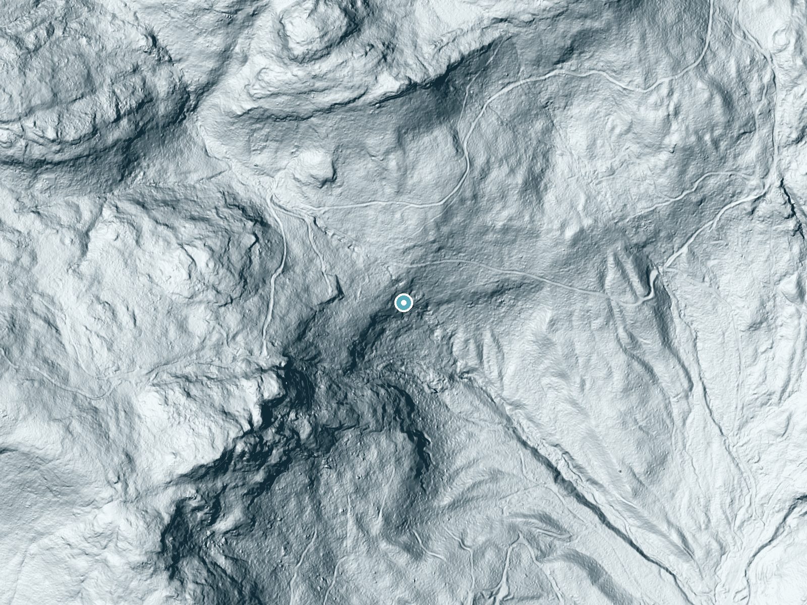 LiDAR bare-earth terrain around Dryad Falls near Berlin, New Hampshire, showing about 304 feet of drop, a steep tiered drop, facing southeast