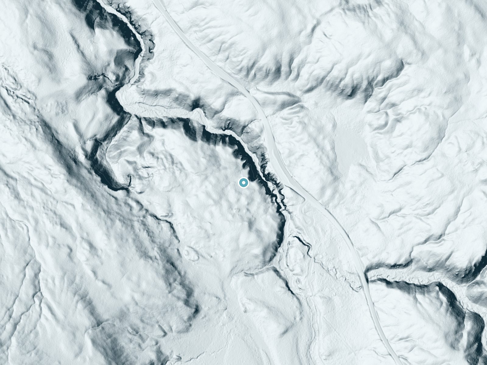 LiDAR bare-earth terrain around Kepler Cascades near West Yellowstone, Wyoming, showing about 130 feet of drop, a steep tiered drop, facing northeast
