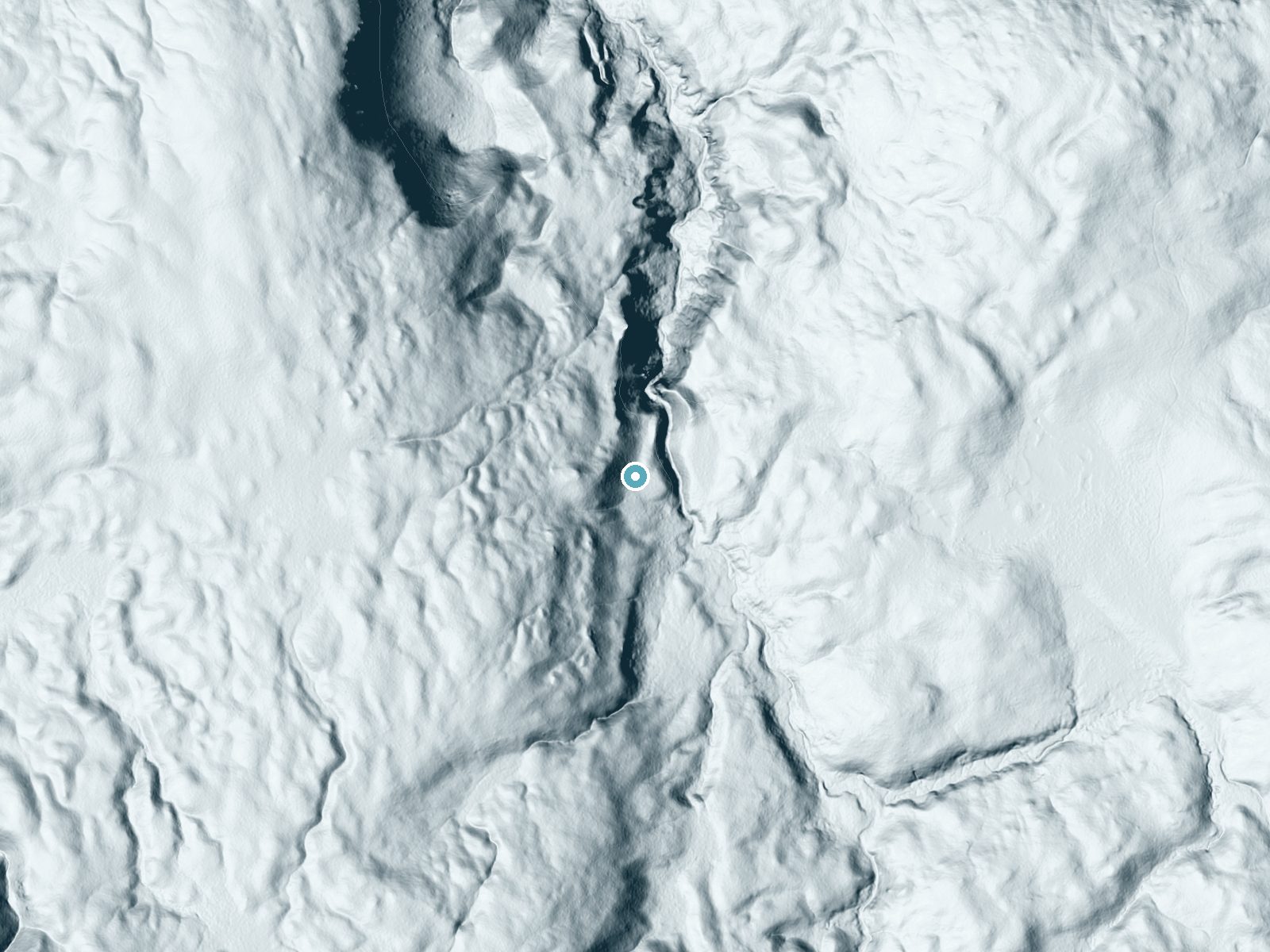 LiDAR bare-earth terrain around Fern Cascades near West Yellowstone, Wyoming, showing about 132 feet of drop, a long cascade, facing east