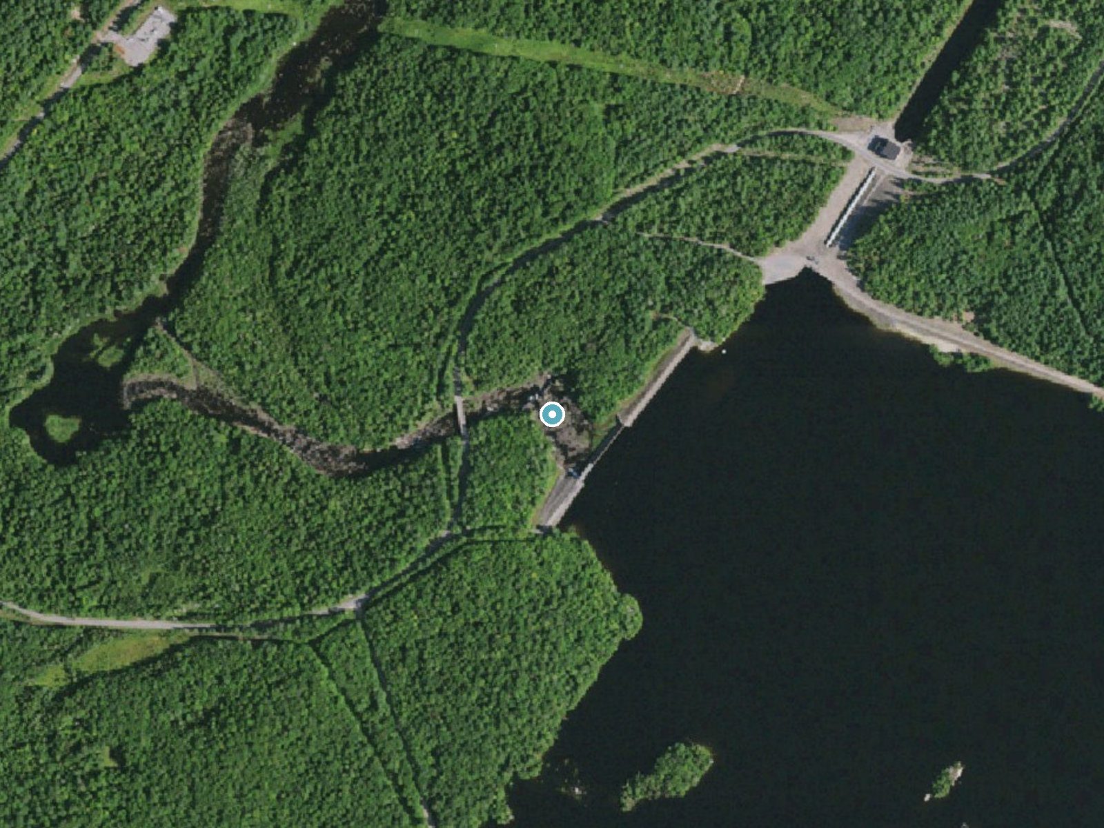 Aerial photo of the same ground around Stark Falls near Cranberry Lake, New York, for comparison with the lidar view