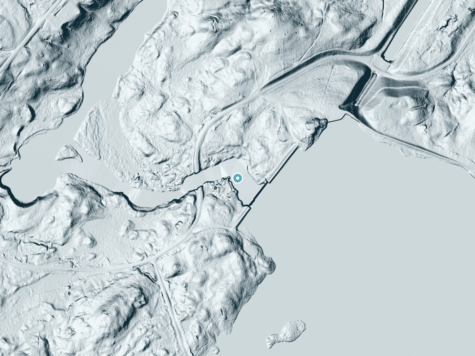 LiDAR bare-earth terrain around Stark Falls near Cranberry Lake, New York, showing about 40 feet of drop, a long cascade, facing northwest