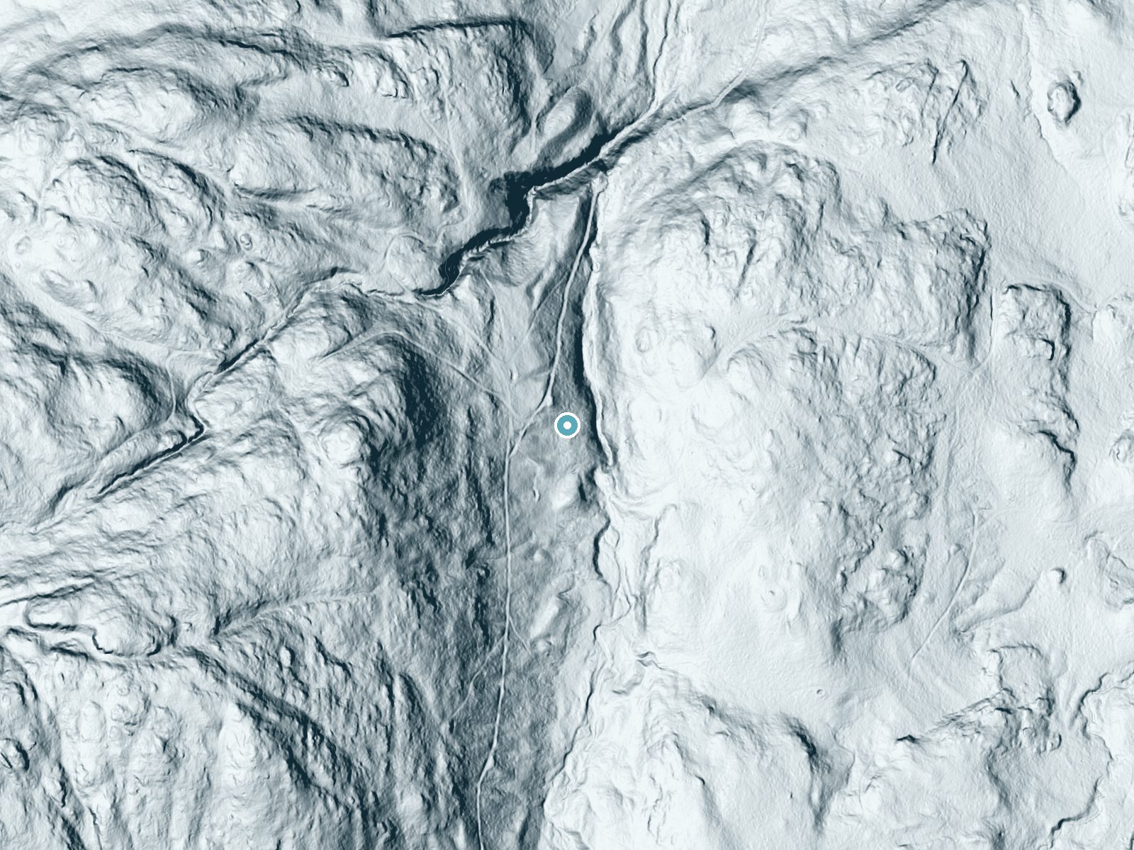 LiDAR bare-earth terrain around Buttermilk Falls near Keeseville, New York, showing about 121 feet of drop, a steep tiered drop, facing east
