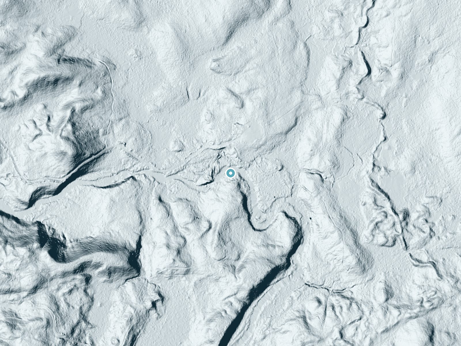LiDAR bare-earth terrain around High Falls near St. Regis Falls, New York, showing about 38 feet of drop, a long cascade, facing northwest