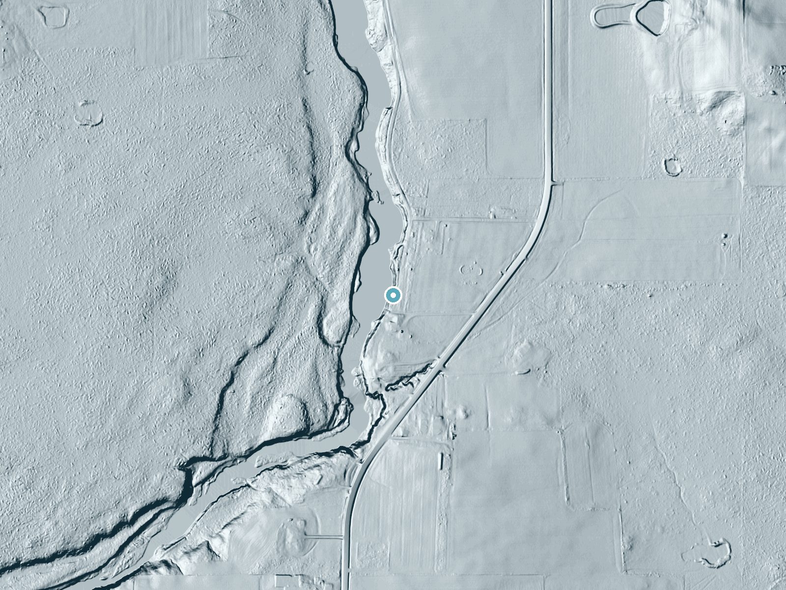 LiDAR bare-earth terrain around Little Bull Falls near Pittsville, Wisconsin, showing about 18 feet of drop, a long cascade, facing west