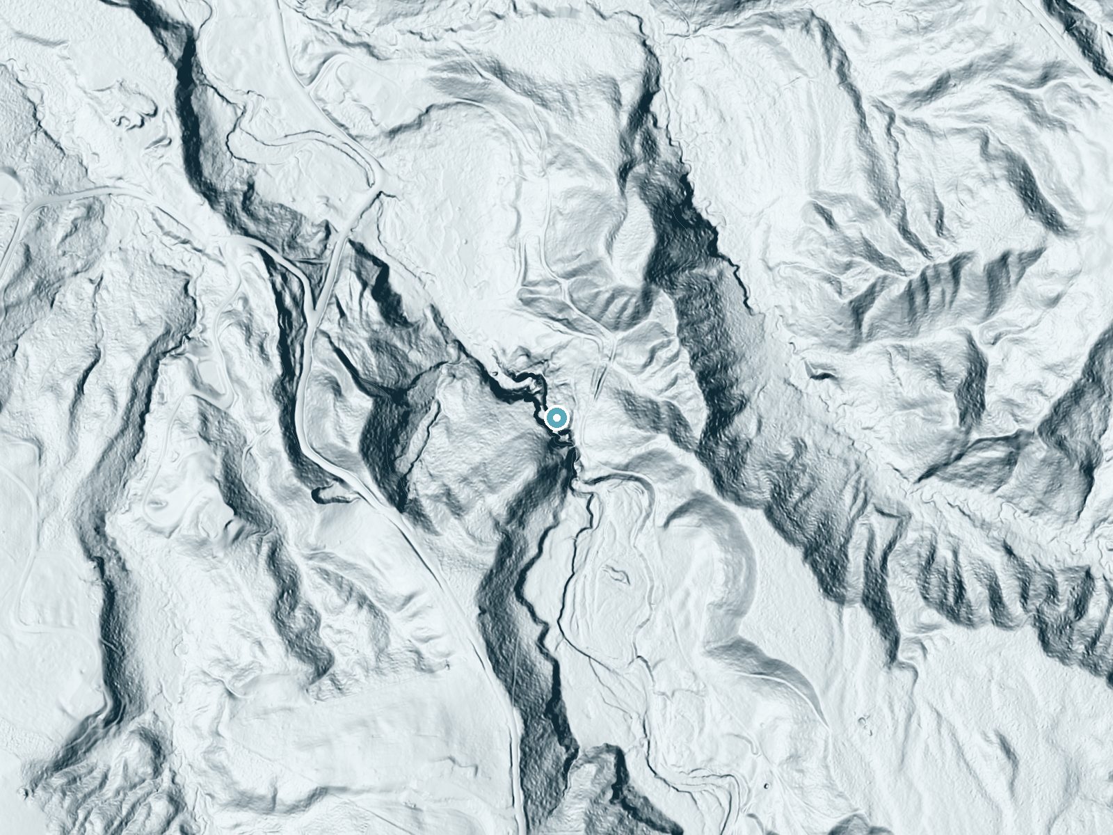 LiDAR bare-earth terrain around Moss Glen Falls near Morrisville, Vermont, showing about 228 feet of drop, a single sheer drop, facing northwest