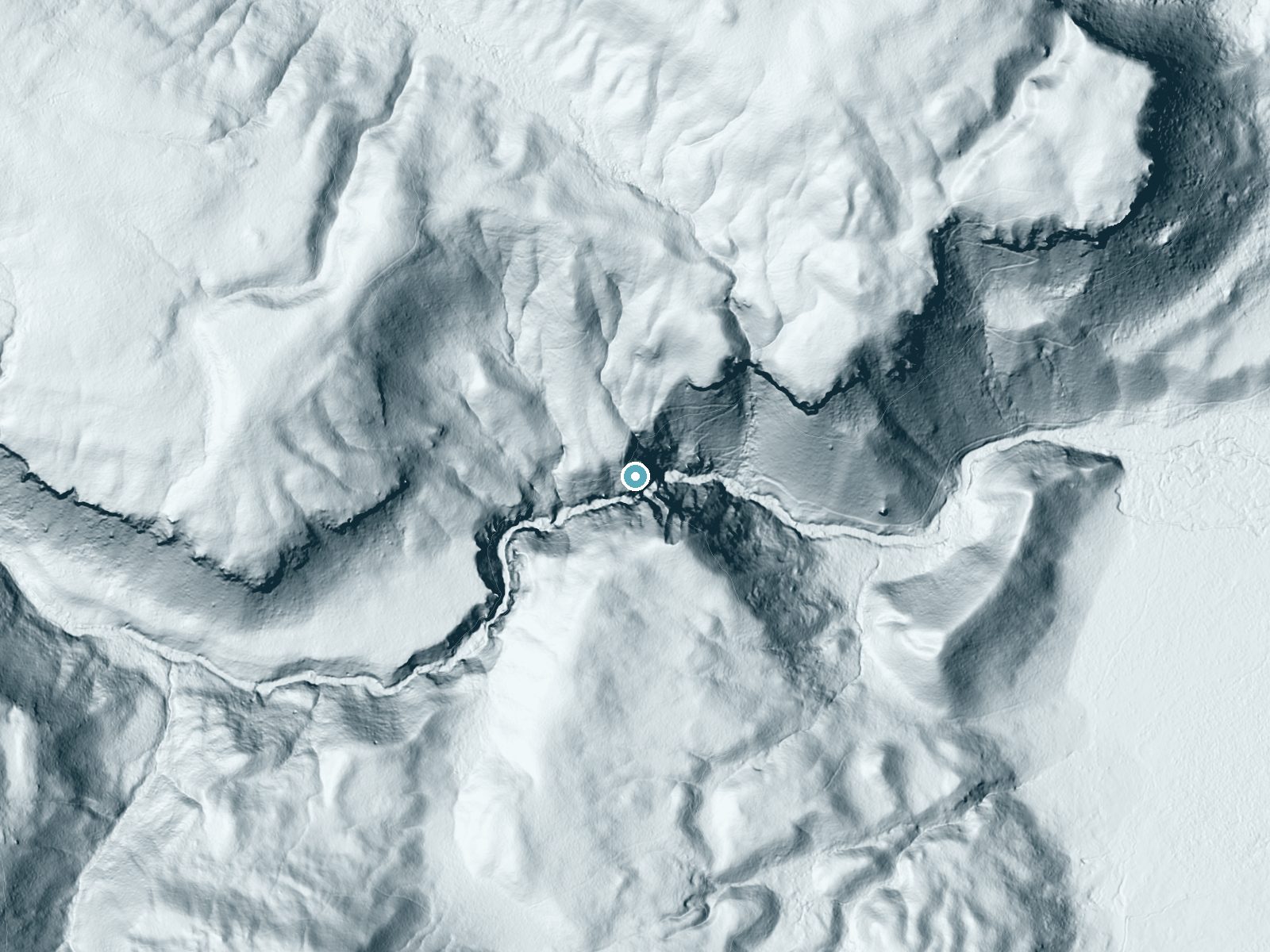 LiDAR bare-earth terrain around Mystic Falls near West Yellowstone, Wyoming, showing about 211 feet of drop, a steep tiered drop, facing east