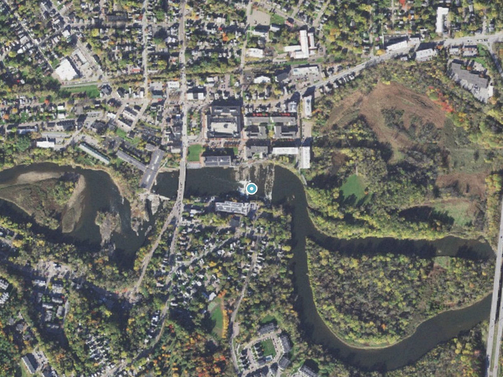 Aerial photo of the same ground around Winooski Falls near Winooski, Vermont, for comparison with the lidar view
