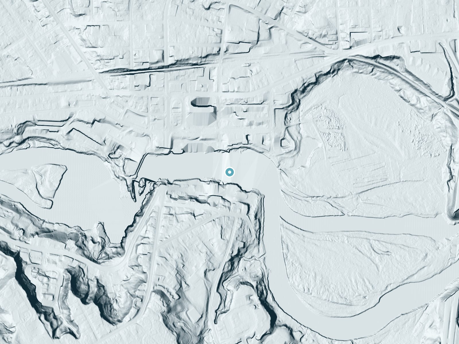 LiDAR bare-earth terrain around Winooski Falls near Winooski, Vermont, showing about 34 feet of drop, a long cascade, facing northwest