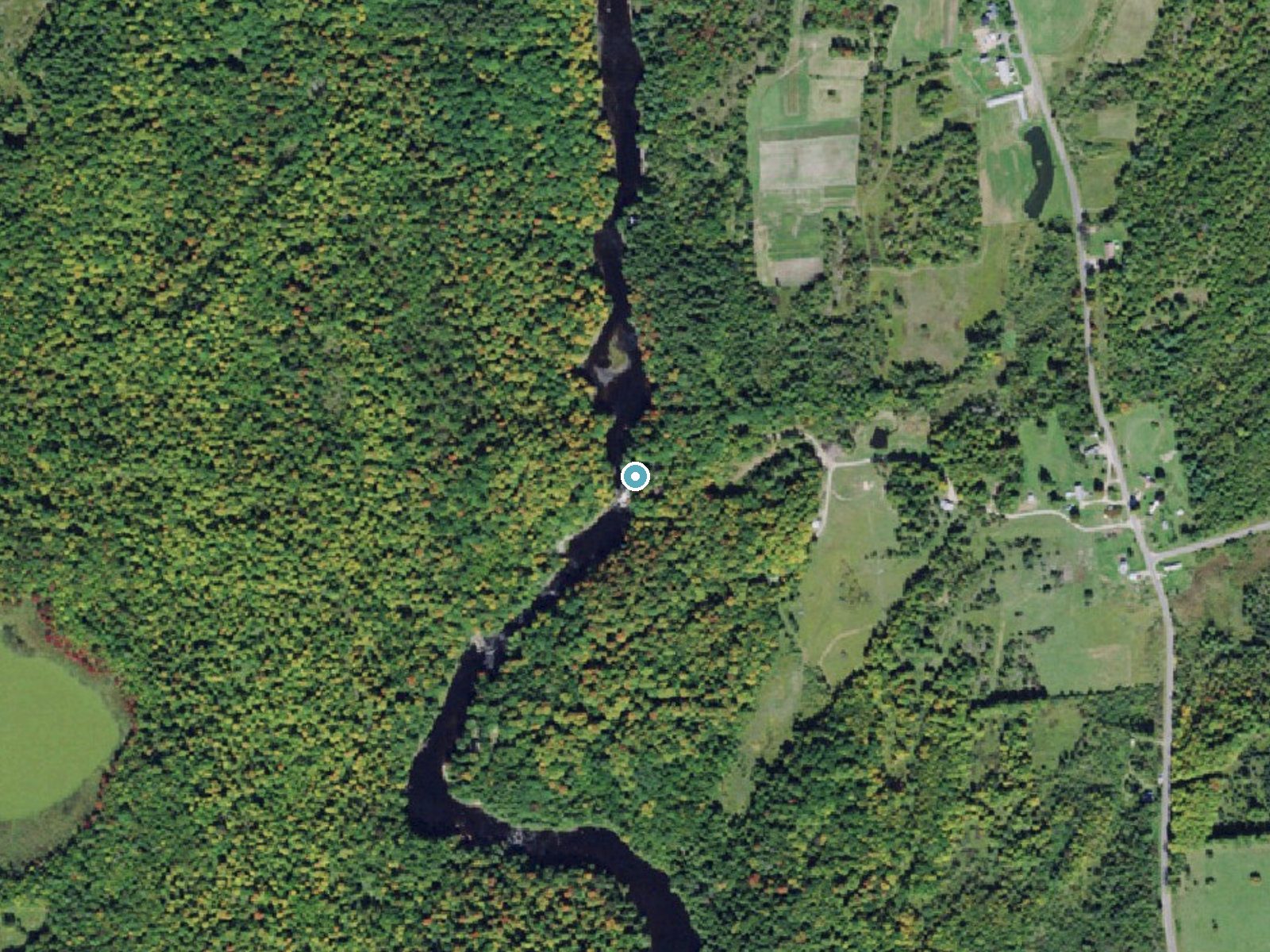 Aerial photo of the same ground around Jacksons Falls near Rensselaer Falls, New York, for comparison with the lidar view