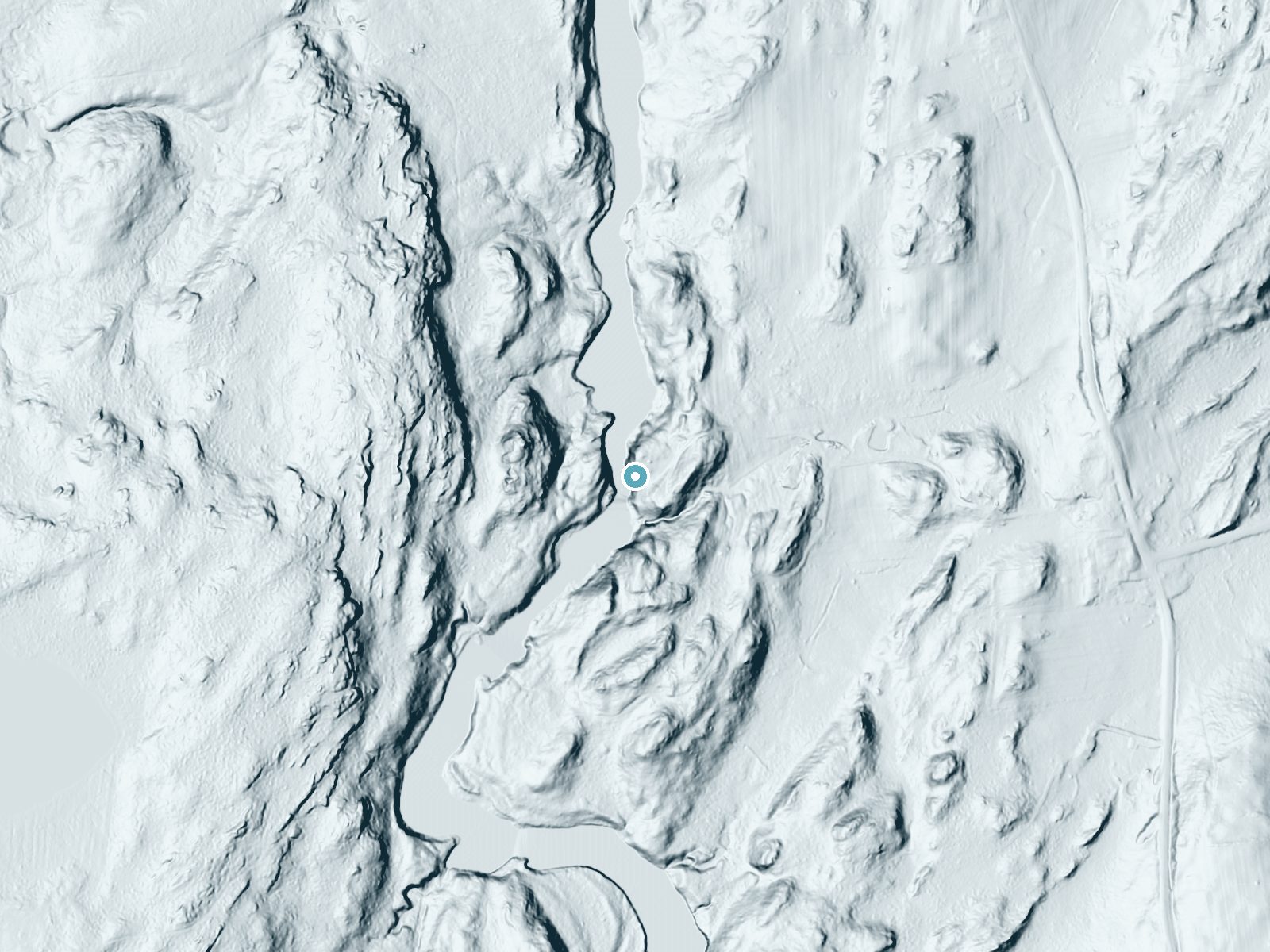 LiDAR bare-earth terrain around Jacksons Falls near Rensselaer Falls, New York, showing about 69 feet of drop, a steep tiered drop, facing west