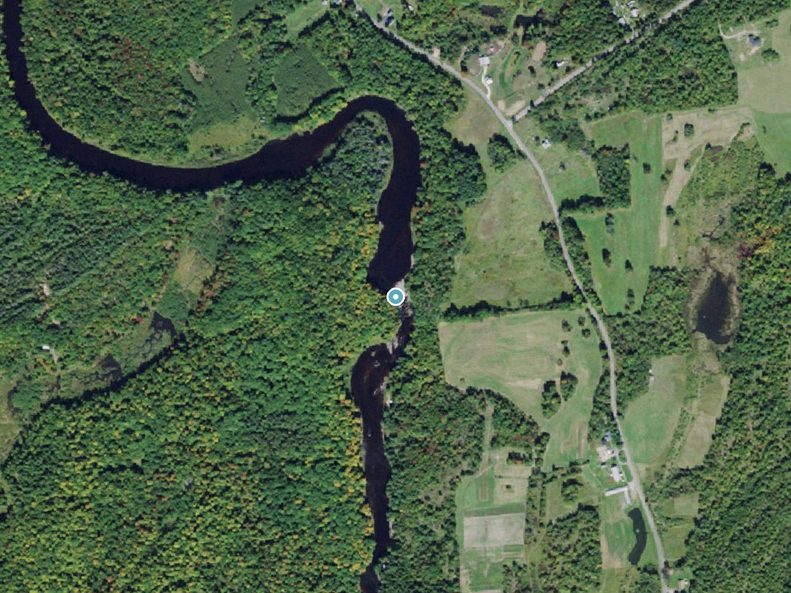 Aerial photo of the same ground around Harts Falls near Rensselaer Falls, New York, for comparison with the lidar view