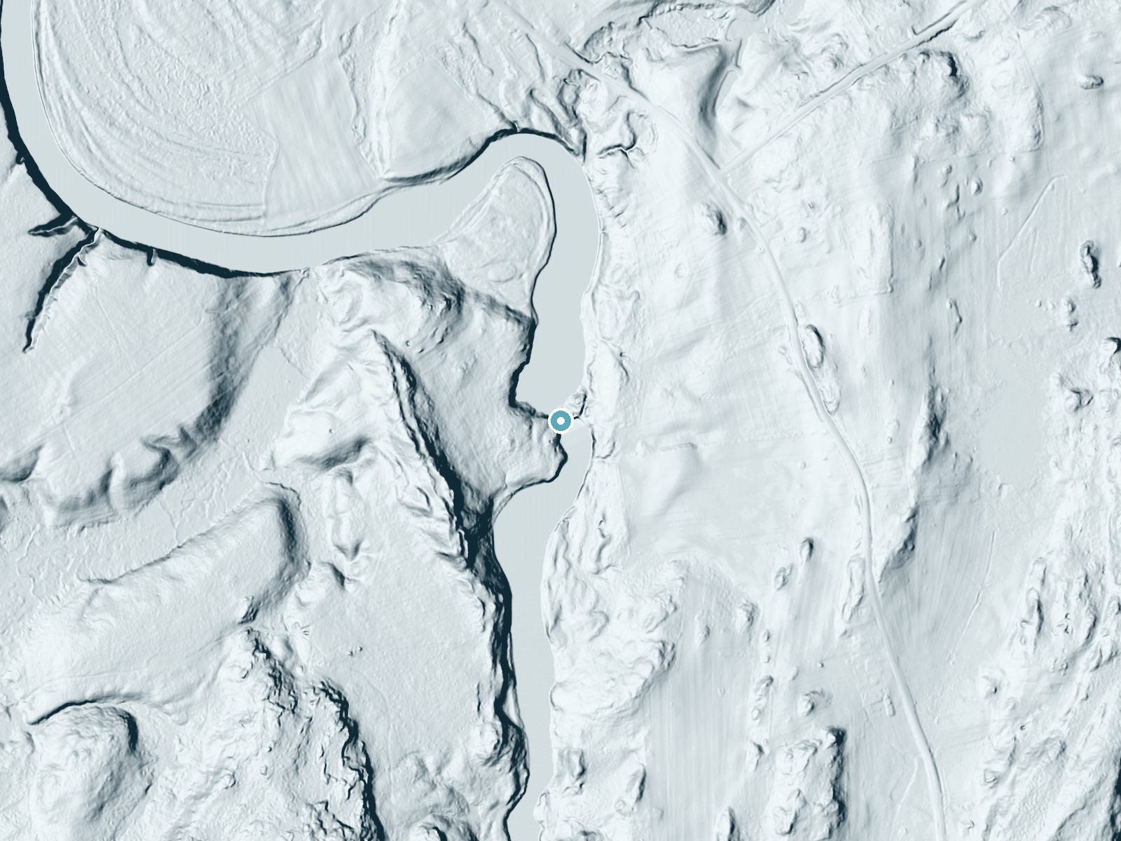LiDAR bare-earth terrain around Harts Falls near Rensselaer Falls, New York, showing about 33 feet of drop, a long cascade, facing north