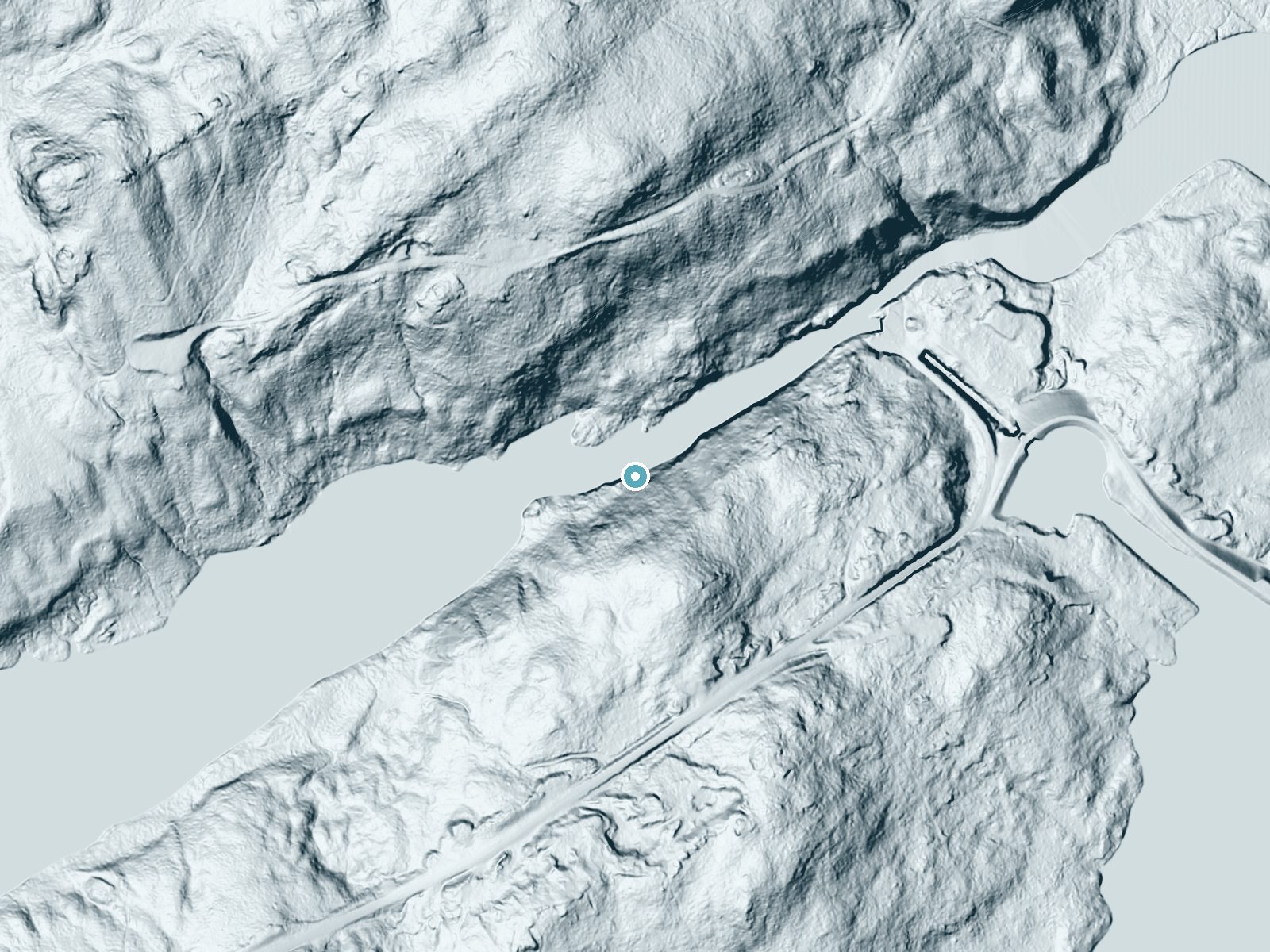 LiDAR bare-earth terrain around Little Falls (historical) near Hannawa Falls, New York, showing about 124 feet of drop, a steep tiered drop, facing northwest
