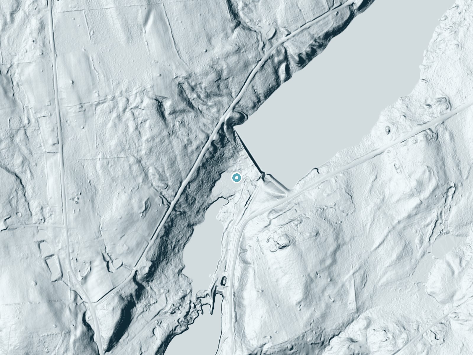 LiDAR bare-earth terrain around Three Falls near Hannawa Falls, New York, showing about 36 feet of drop, a long cascade, facing southwest