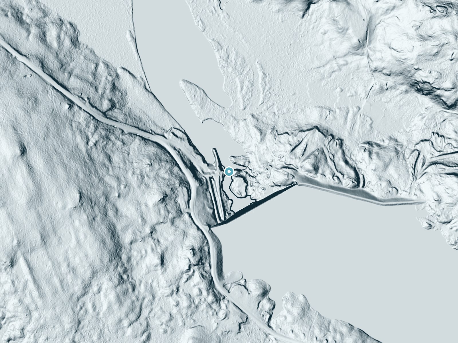 LiDAR bare-earth terrain around Rainbow Falls near Hannawa Falls, New York, showing about 38 feet of drop, a long cascade, facing north