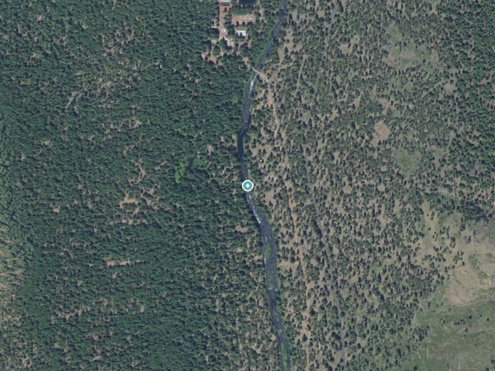 Aerial photo of the same ground around Wizard Falls near Camp Sherman, Oregon, for comparison with the lidar view