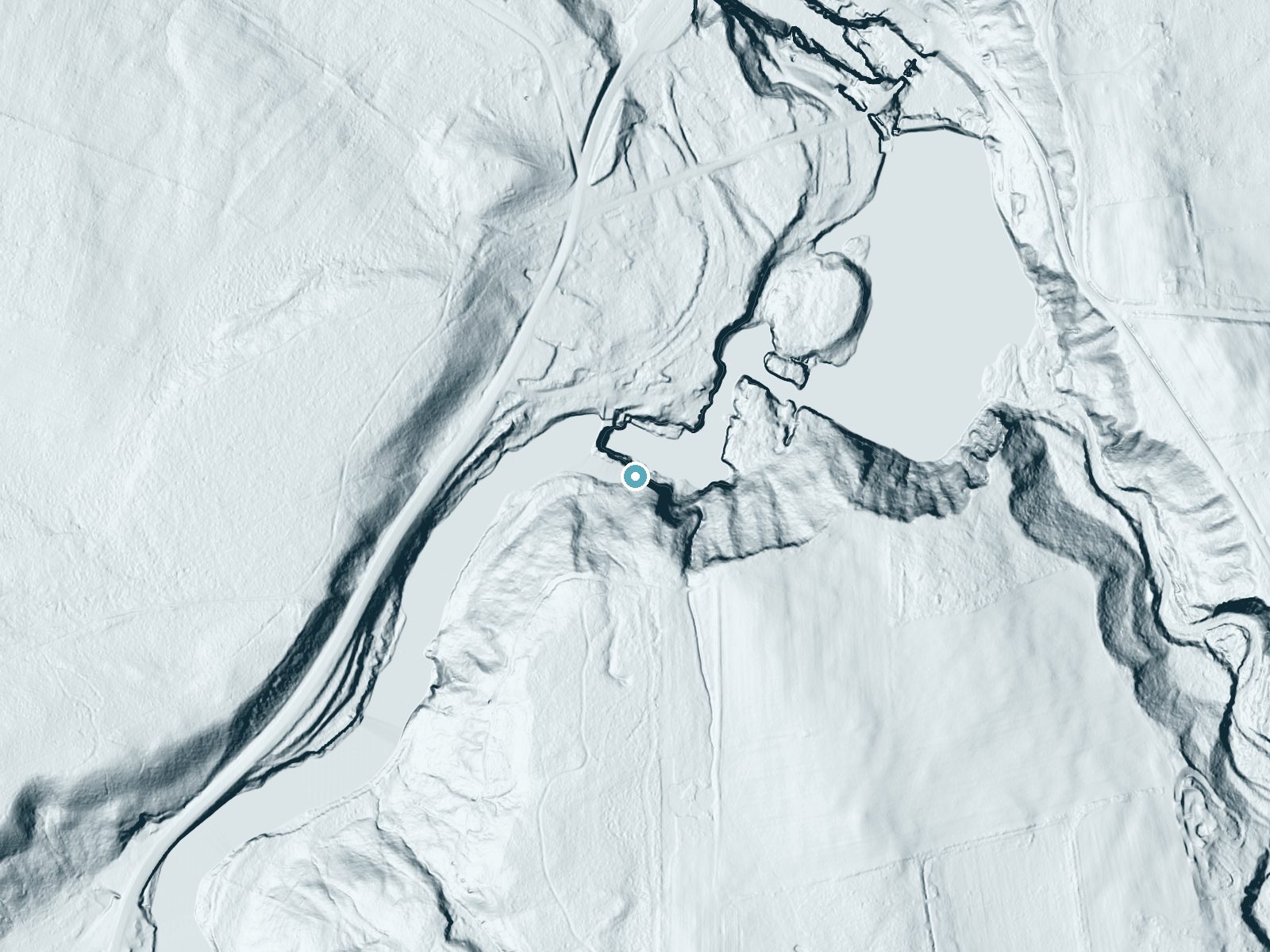 LiDAR bare-earth terrain around Alice Falls near Keeseville, New York, showing about 119 feet of drop, a steep tiered drop, facing north